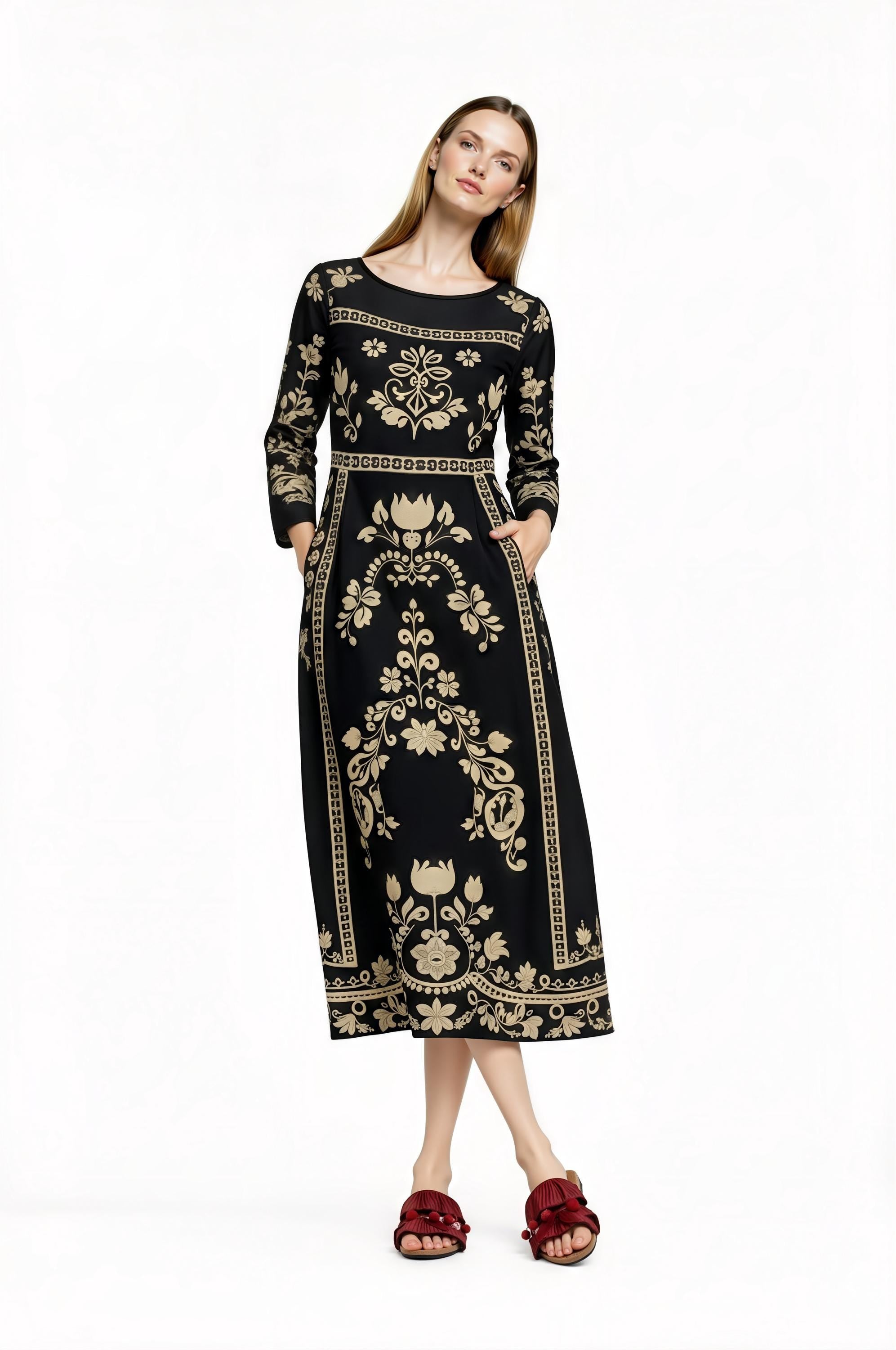 Black Floral Print Midi Dress with Long Sleeves and Side Pockets __etsy:7700338262