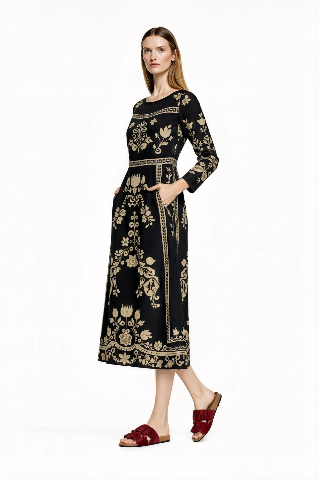 Black Floral Print Midi Dress with Long Sleeves and Side Pockets __etsy:7700338266