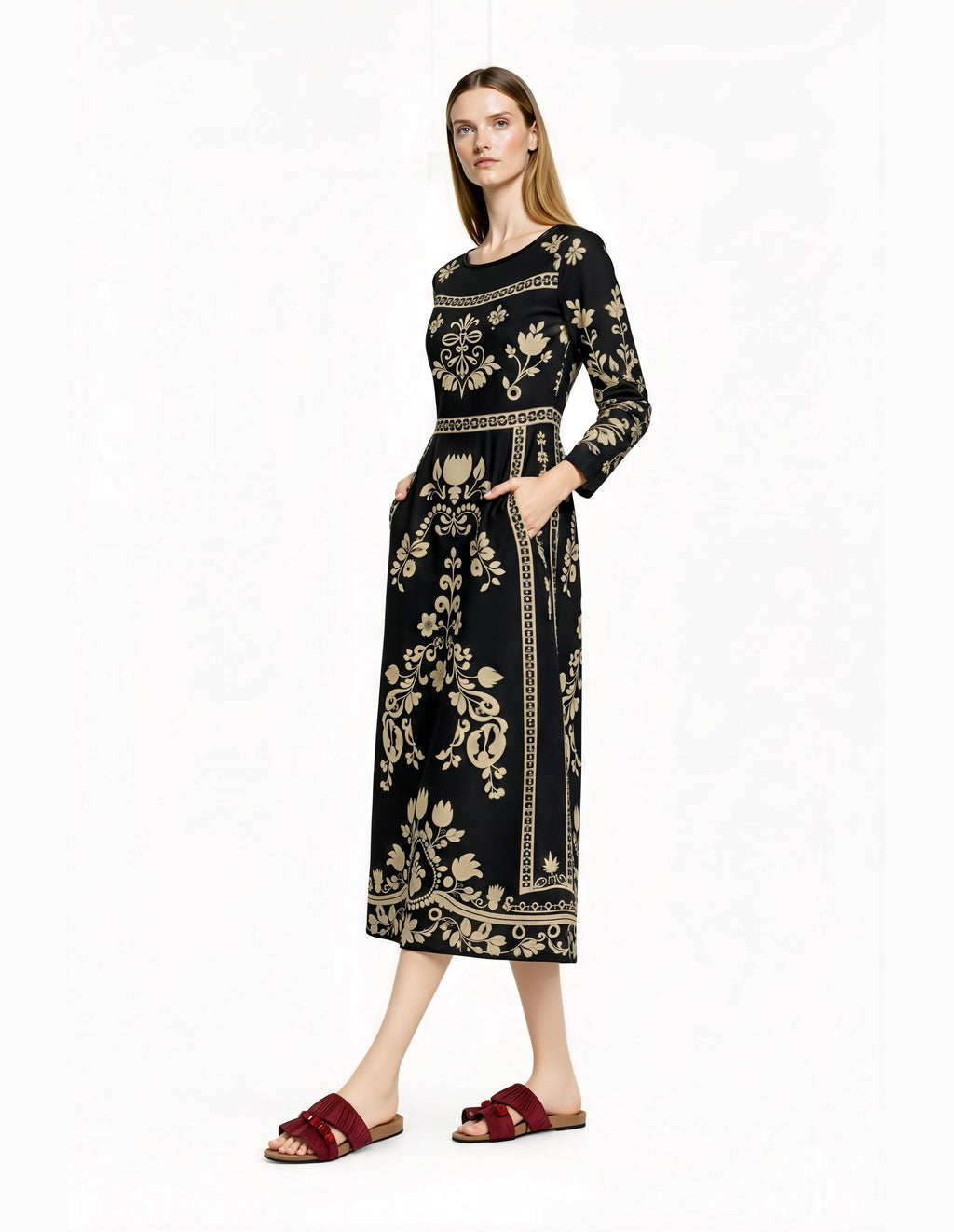 Black Floral Print Midi Dress with Long Sleeves and Side Pockets __etsy:7700343004