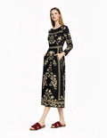 Black Floral Print Midi Dress with Long Sleeves and Side Pockets __etsy:7700343004