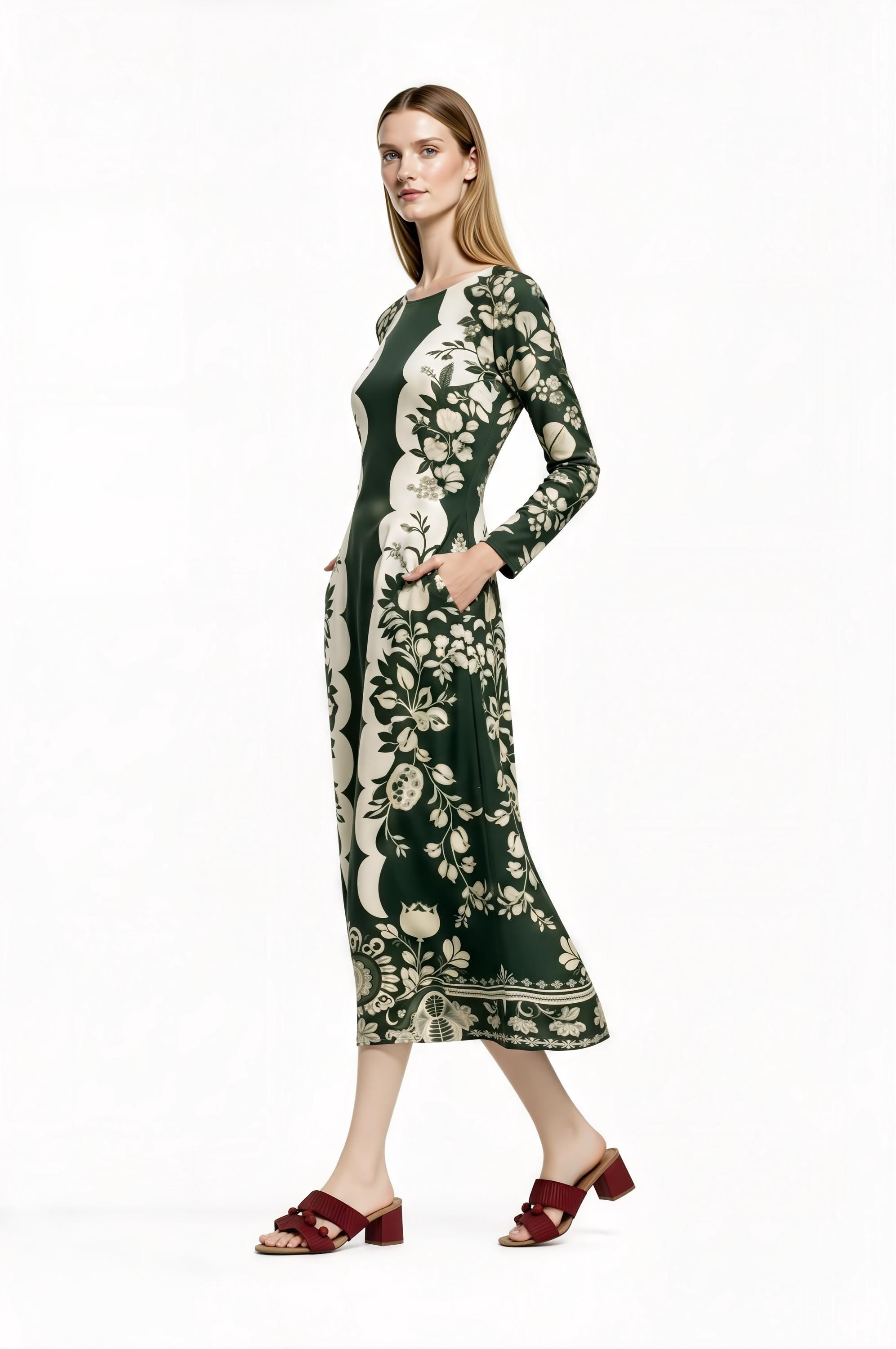 Green Floral Midi Dress with Long Sleeves and Side Pockets A-Line Silhouette __etsy:7700438184