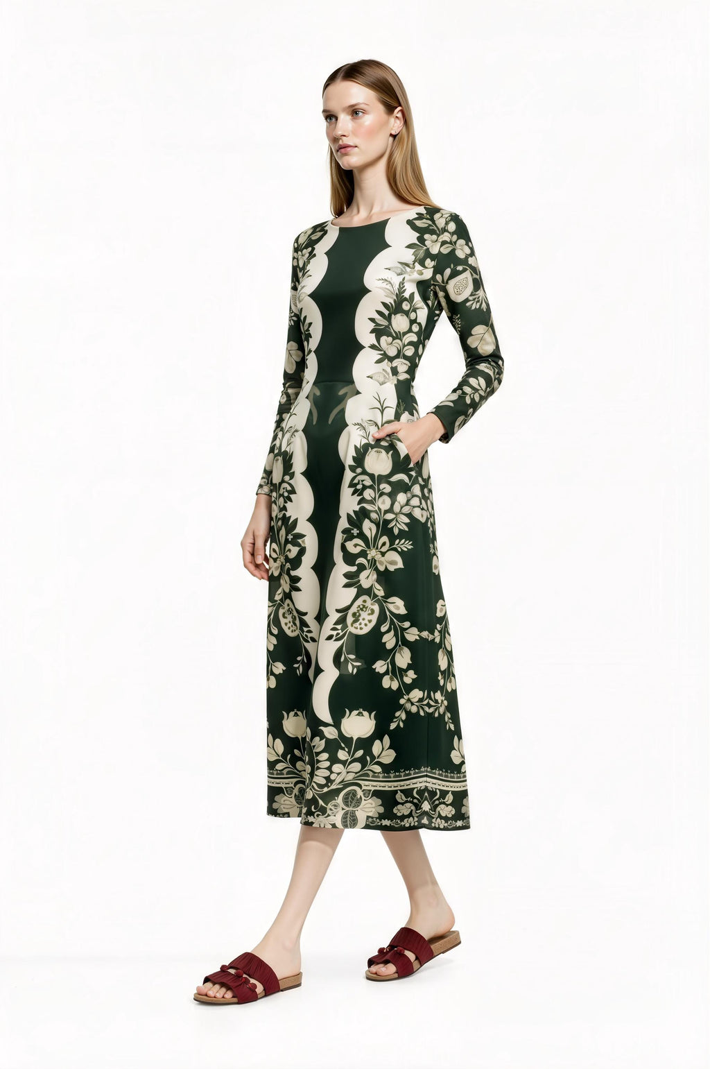 Green Floral Midi Dress with Long Sleeves and Side Pockets A-Line Silhouette __etsy:7700438194