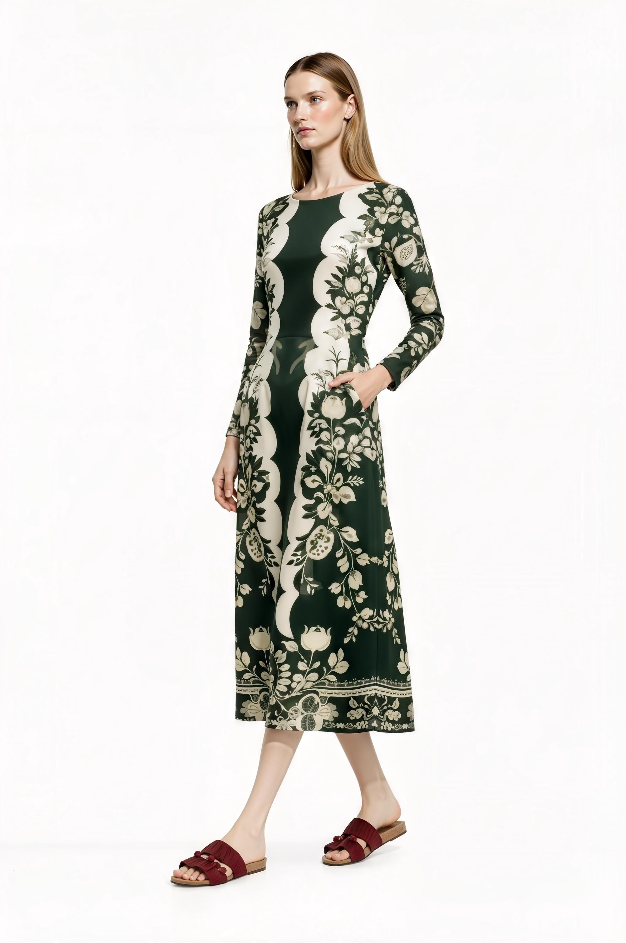 Green Floral Midi Dress with Long Sleeves and Side Pockets A-Line Silhouette __etsy:7700438194