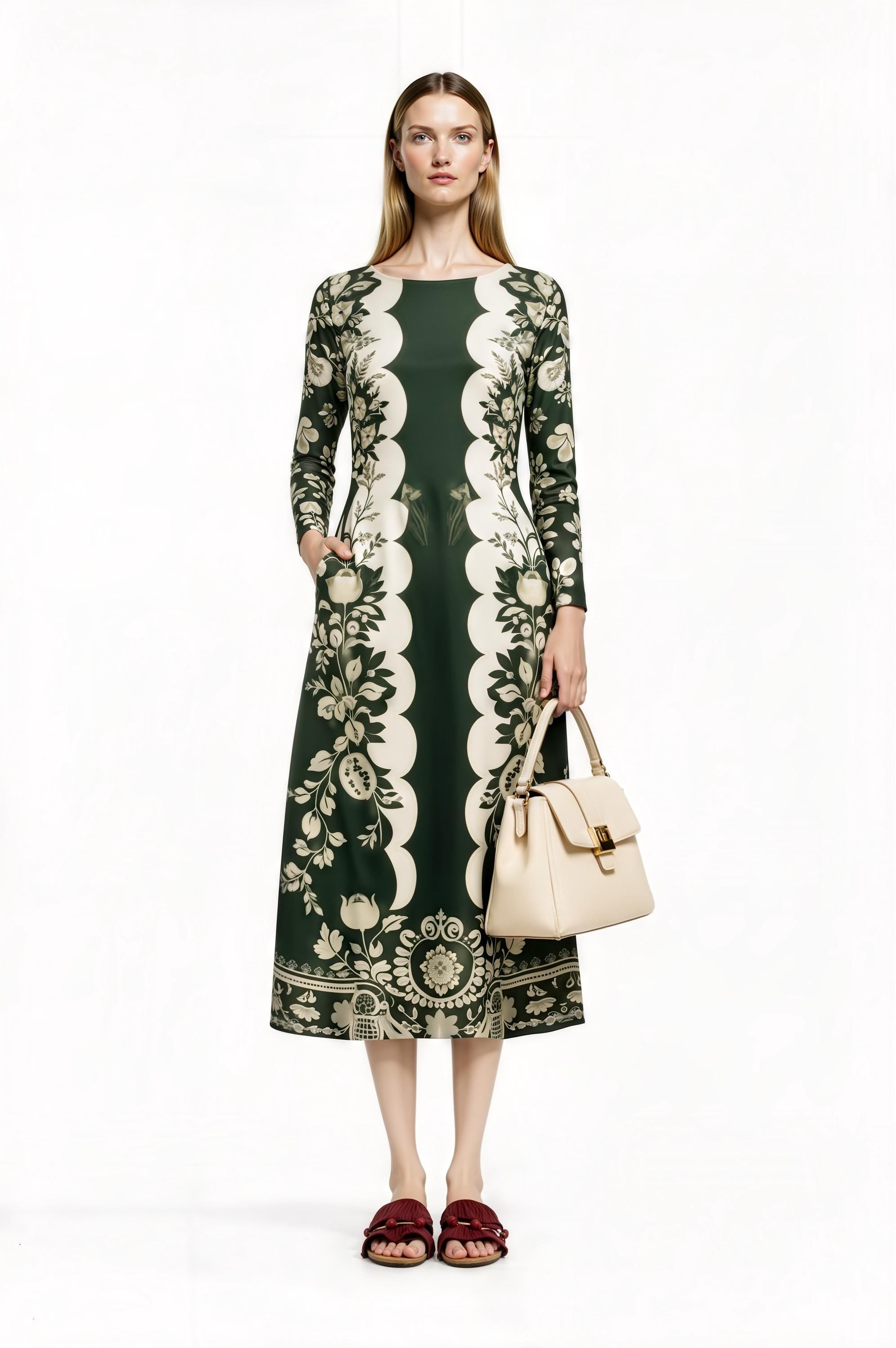 Green Floral Midi Dress with Long Sleeves and Side Pockets A-Line Silhouette __etsy:7700438198