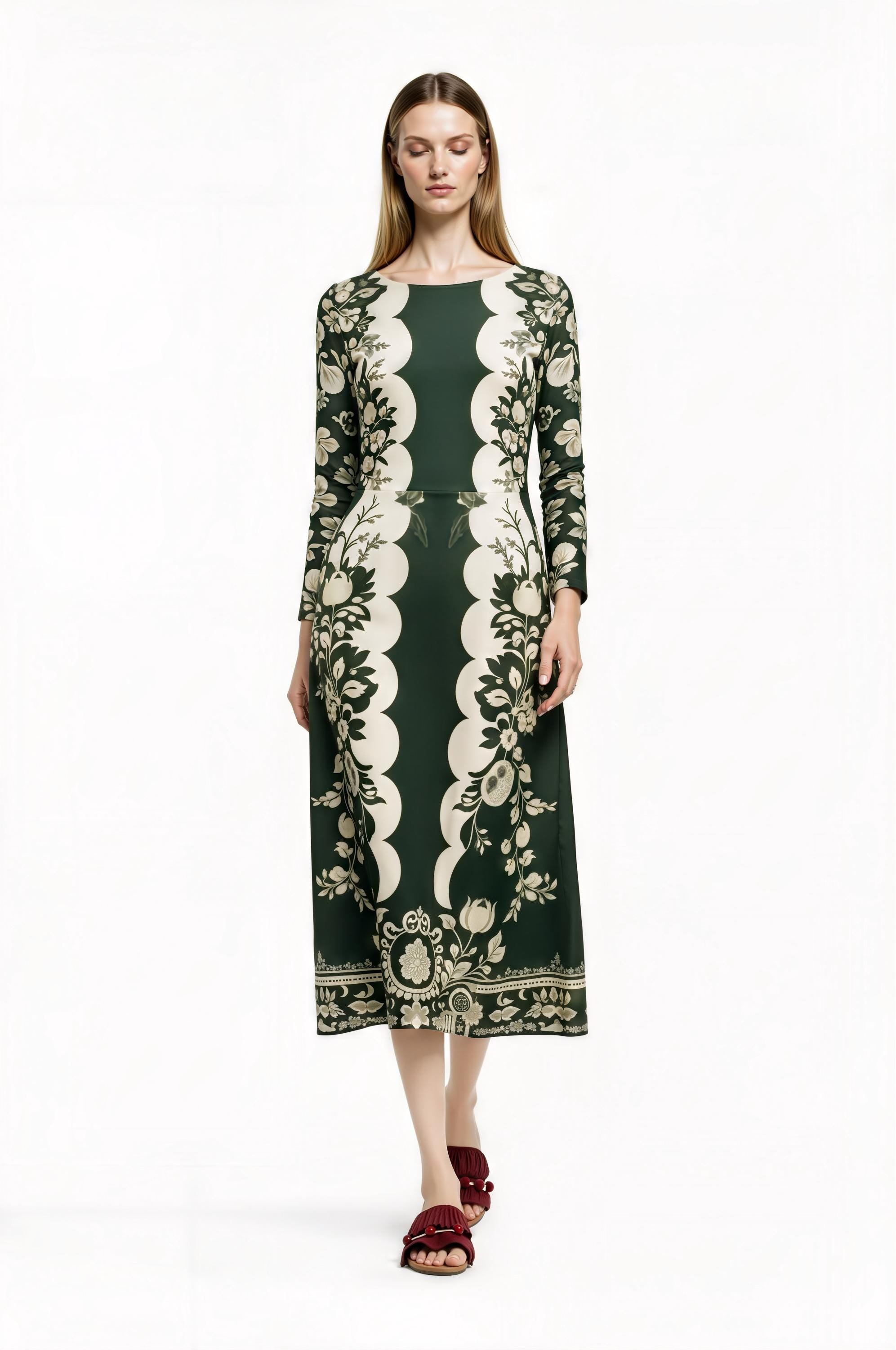Green Floral Midi Dress with Long Sleeves and Side Pockets A-Line Silhouette __etsy:7700438200