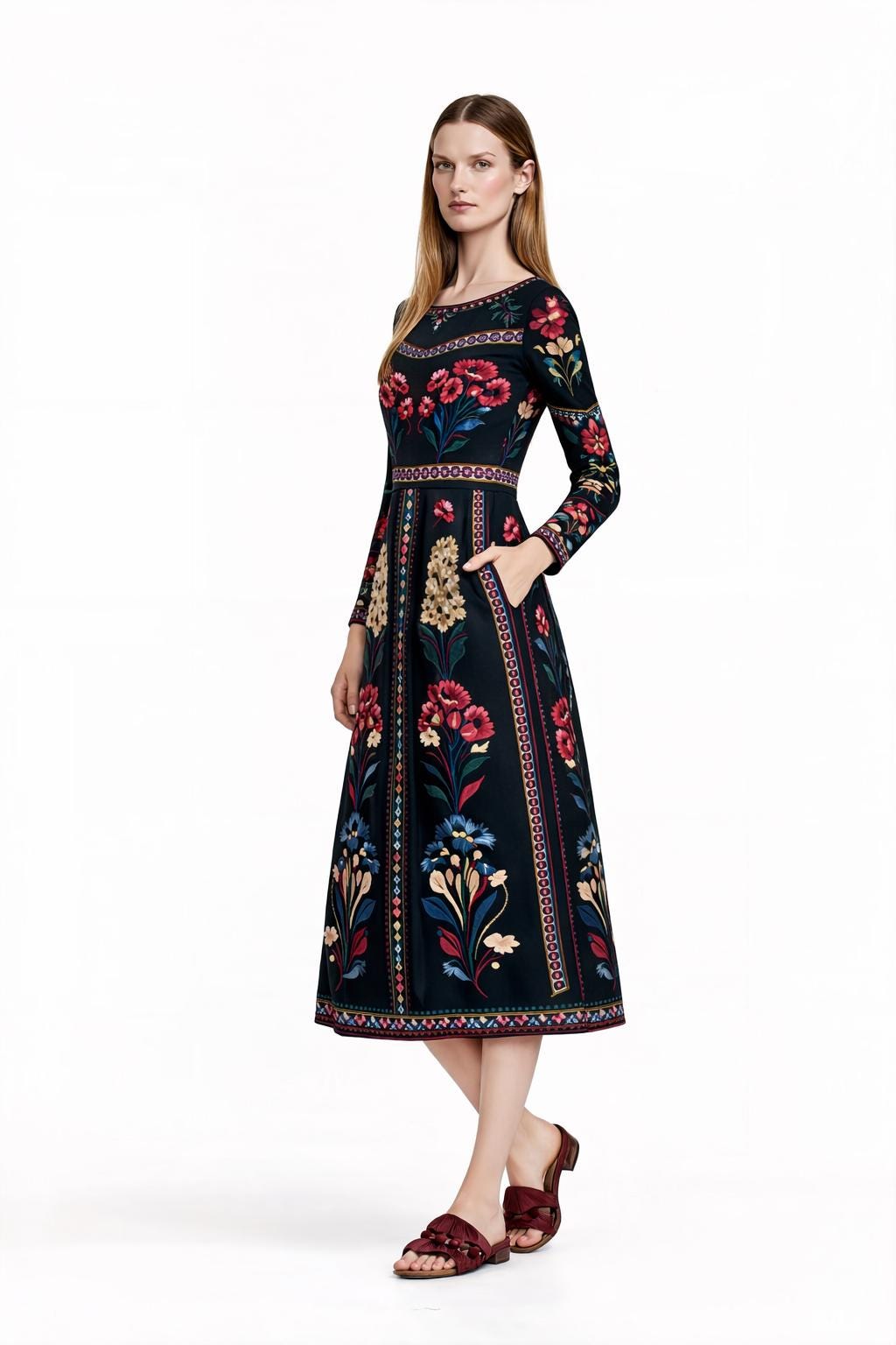 Black Floral Midi Dress with Long Sleeves and Side Pockets A-Line Silhouette __etsy:7700840174