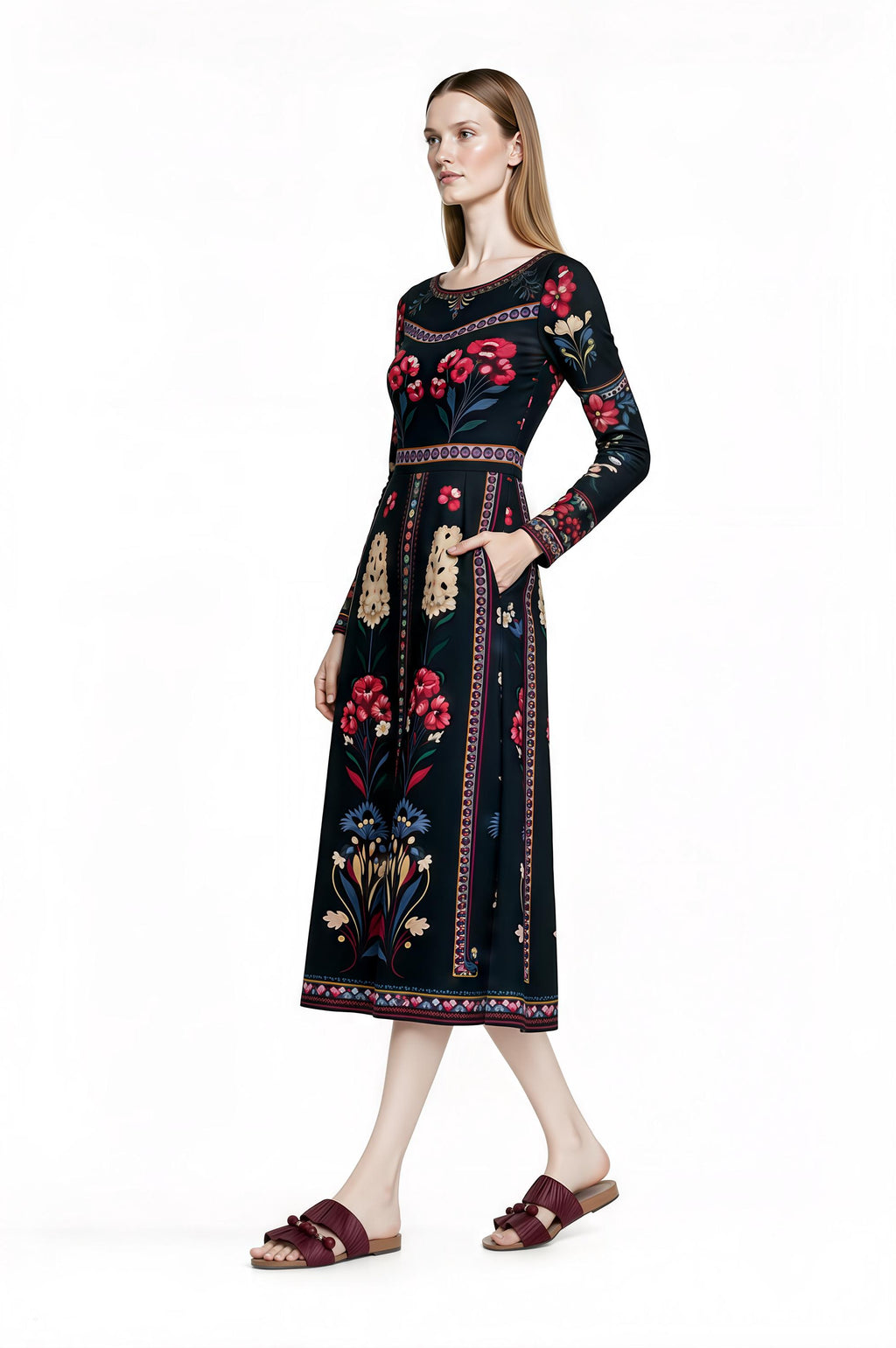 Black Floral Midi Dress with Long Sleeves and Side Pockets A-Line Silhouette __etsy:7700840184