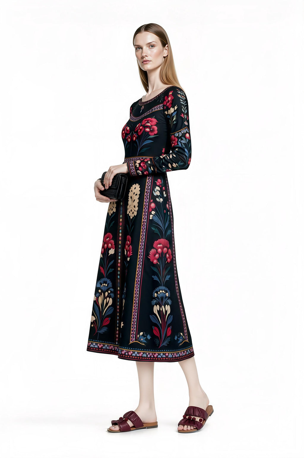 Black Floral Midi Dress with Long Sleeves and Side Pockets A-Line Silhouette __etsy:7700840198