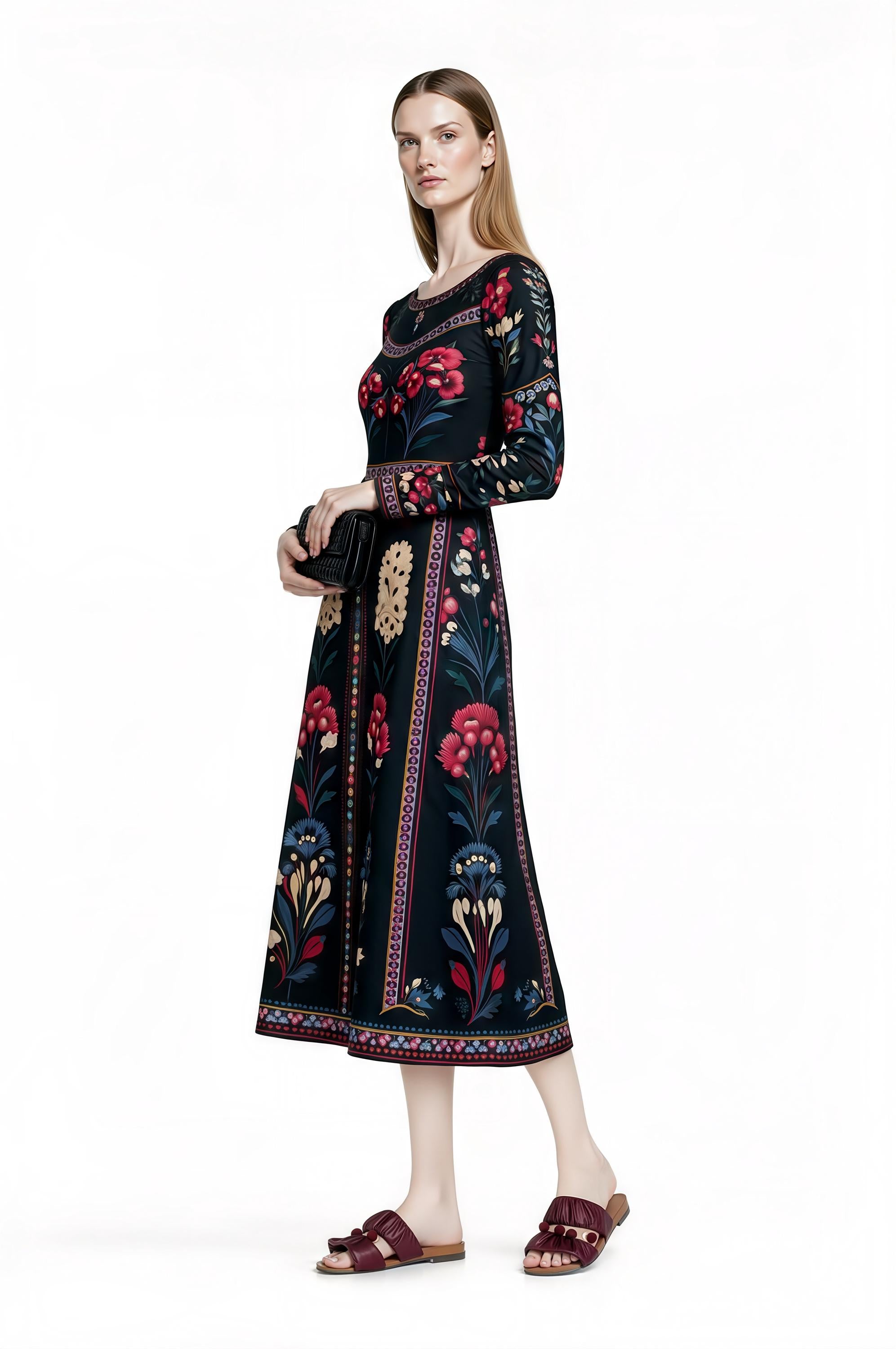 Black Floral Midi Dress with Long Sleeves and Side Pockets A-Line Silhouette __etsy:7700840198
