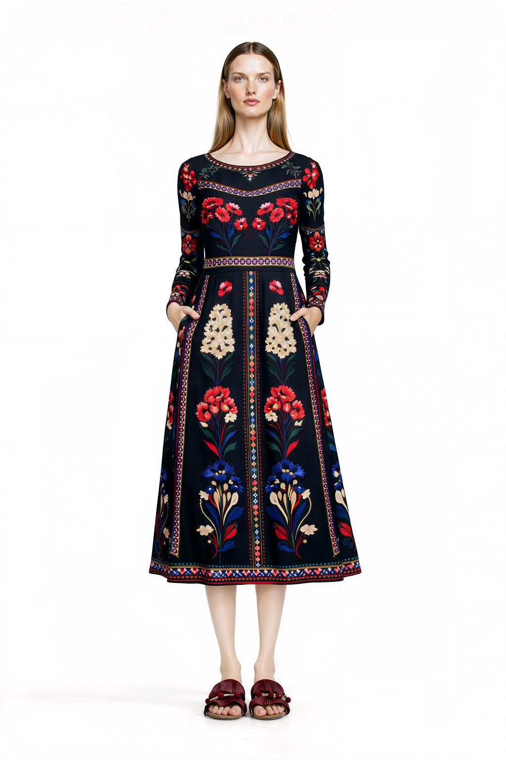 Black Floral Midi Dress with Long Sleeves and Side Pockets A-Line Silhouette __etsy:7700840200