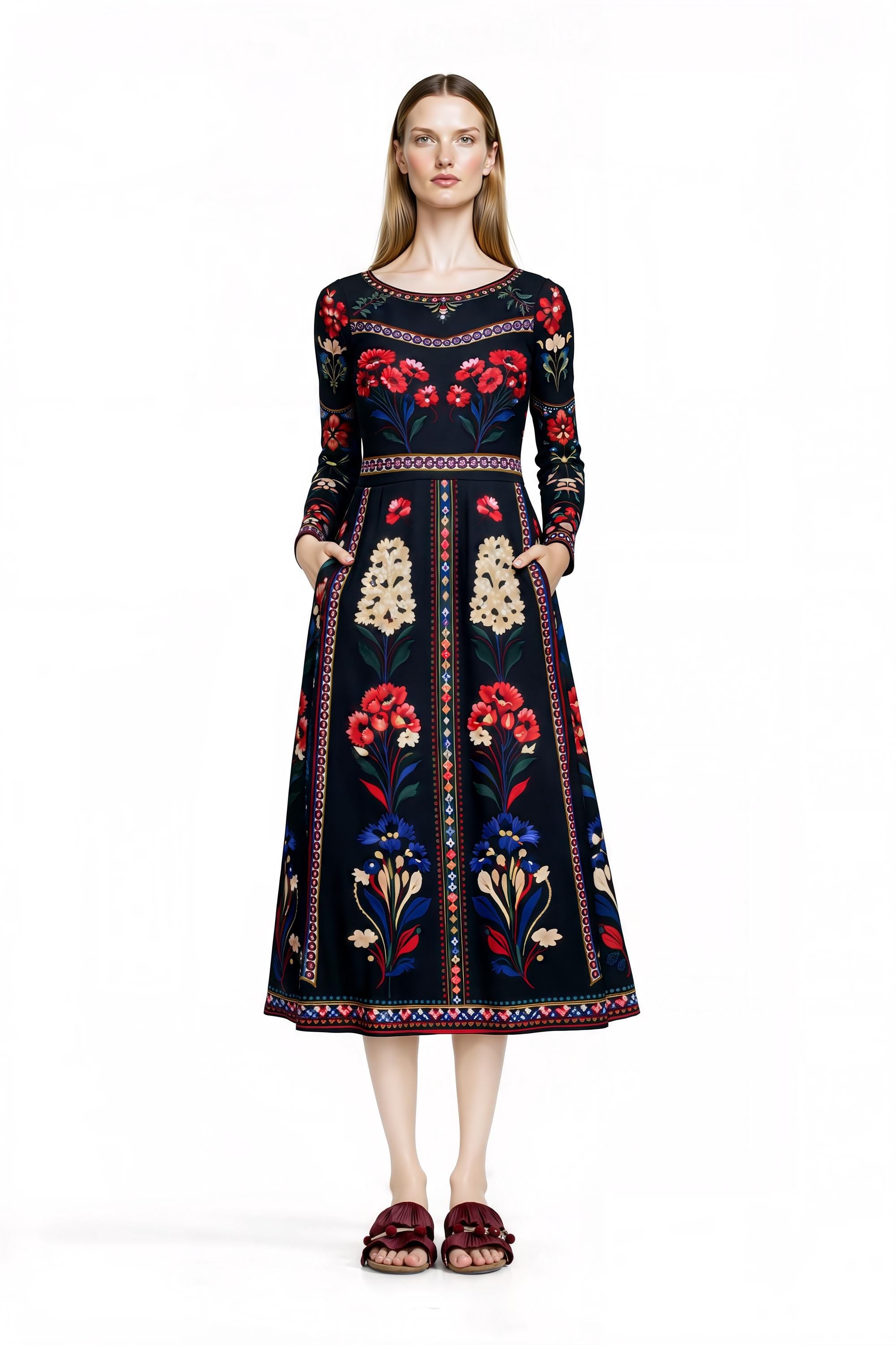 Black Floral Midi Dress with Long Sleeves and Side Pockets A-Line Silhouette __etsy:7700840200