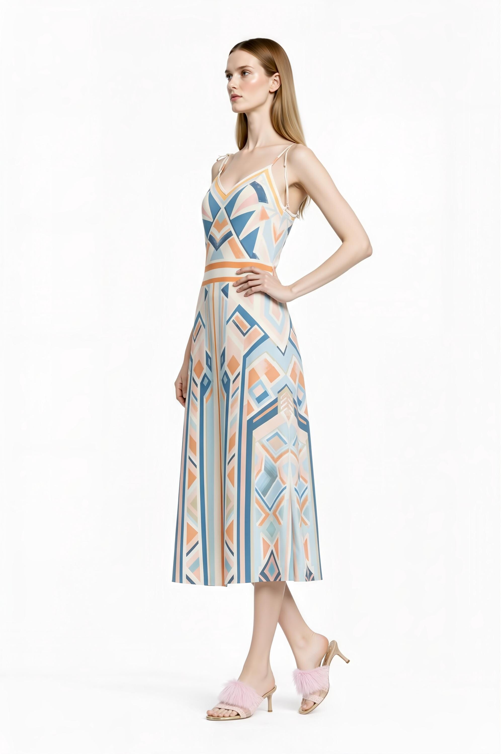 Pastel Geometric Midi Slip Dress in Blue and Peach with Modern Art Deco Print __etsy:7700956458
