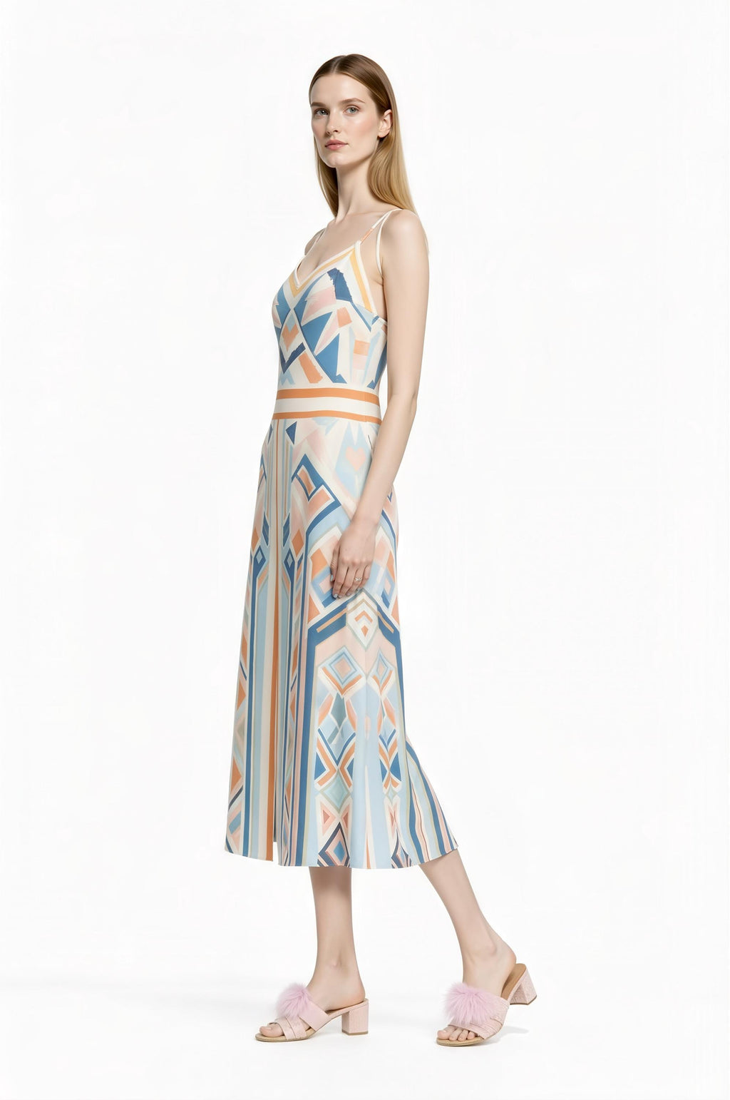 Pastel Geometric Midi Slip Dress in Blue and Peach with Modern Art Deco Print __etsy:7700956466