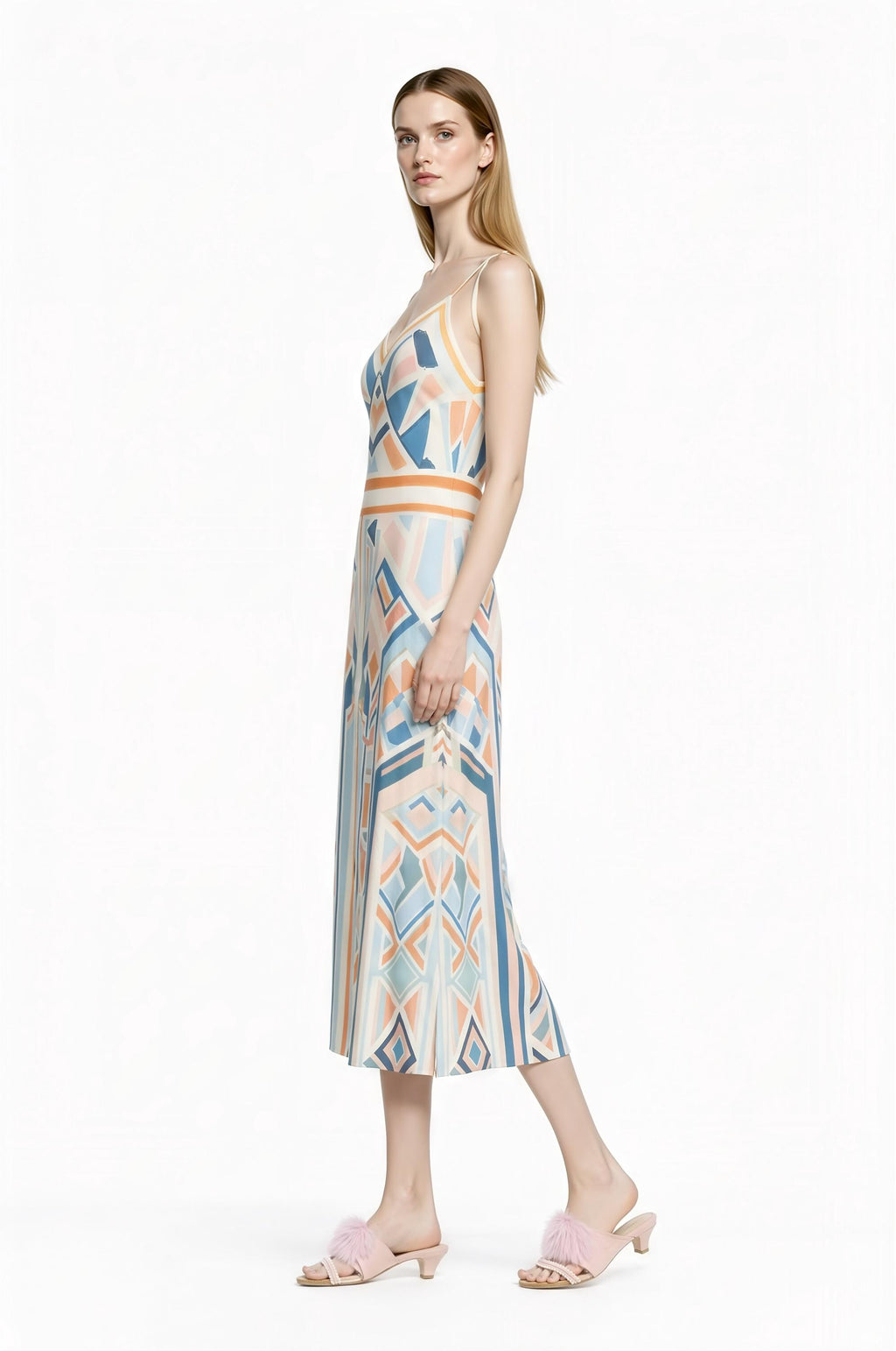 Pastel Geometric Midi Slip Dress in Blue and Peach with Modern Art Deco Print __etsy:7700956472
