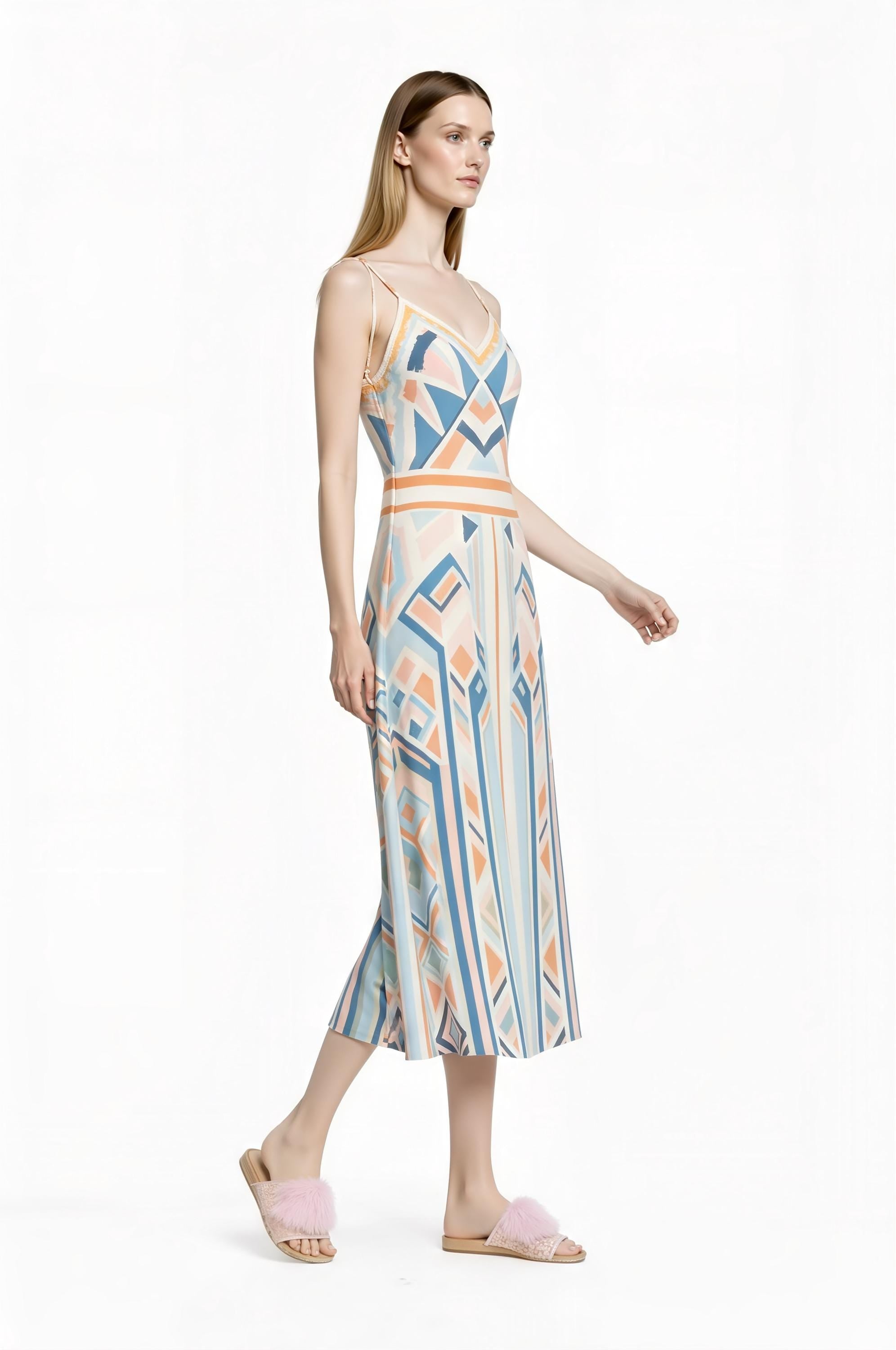 Pastel Geometric Midi Slip Dress in Blue and Peach with Modern Art Deco Print __etsy:7700956532