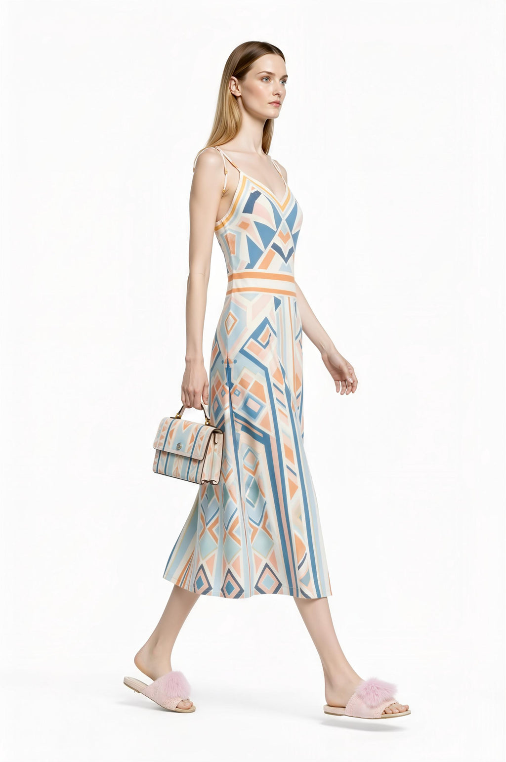 Pastel Geometric Midi Slip Dress in Blue and Peach with Modern Art Deco Print __etsy:7700956534