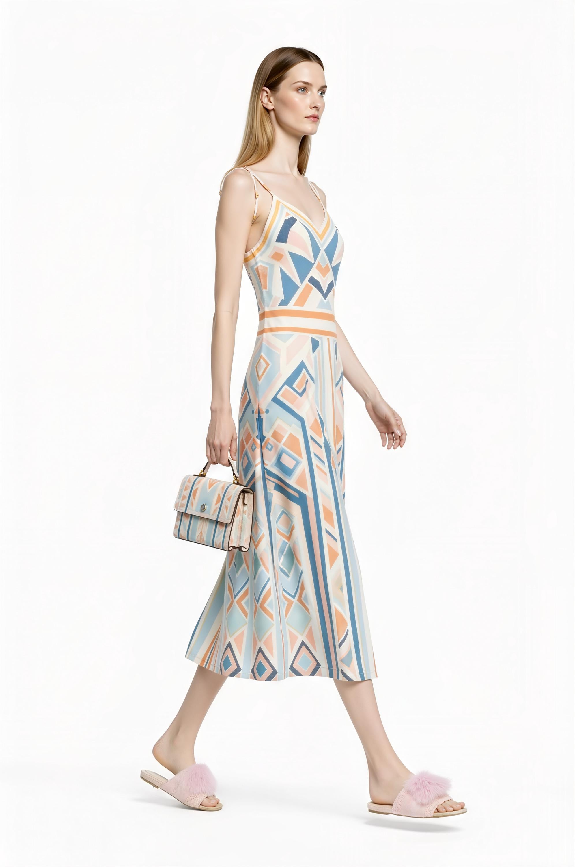 Pastel Geometric Midi Slip Dress in Blue and Peach with Modern Art Deco Print __etsy:7700956534