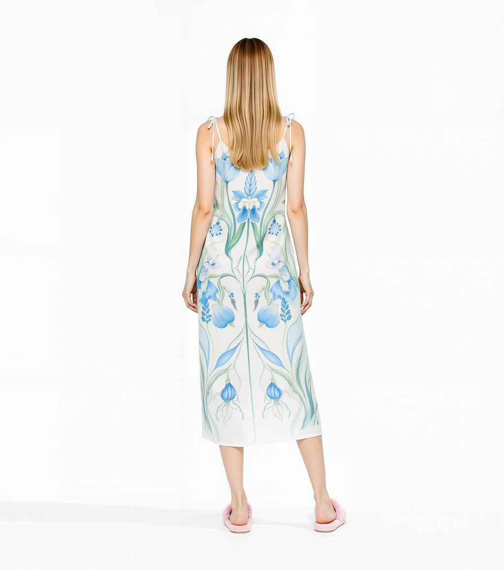 Blue Botanical Floral Midi Slip Dress with Adjustable Tie Straps __etsy:7704252263