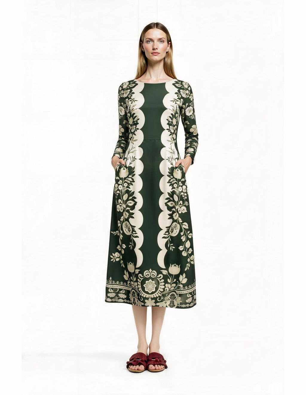 Green Floral Midi Dress with Long Sleeves and Side Pockets A-Line Silhouette __etsy:7706557552