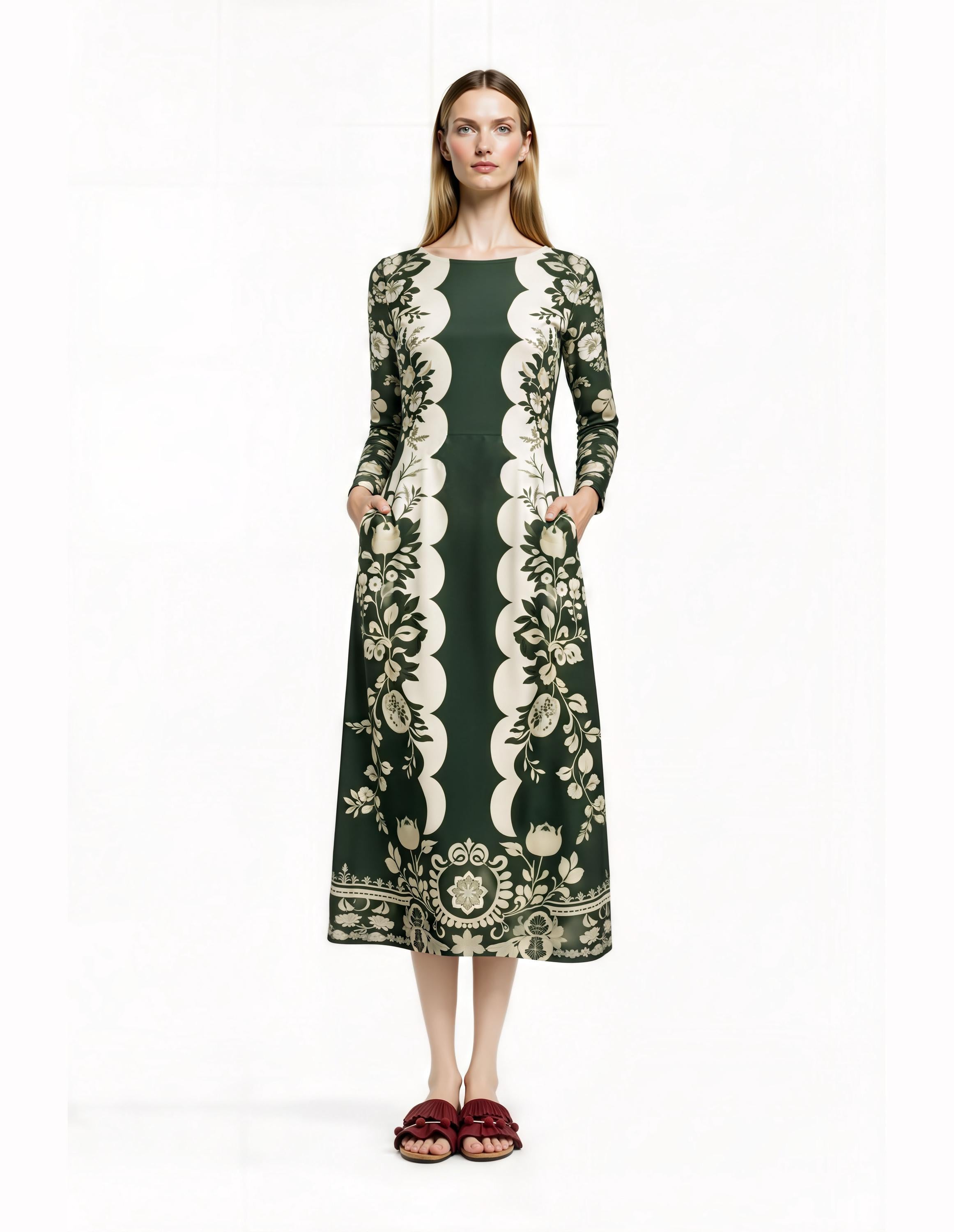 Green Floral Midi Dress with Long Sleeves and Side Pockets A-Line Silhouette __etsy:7706557552