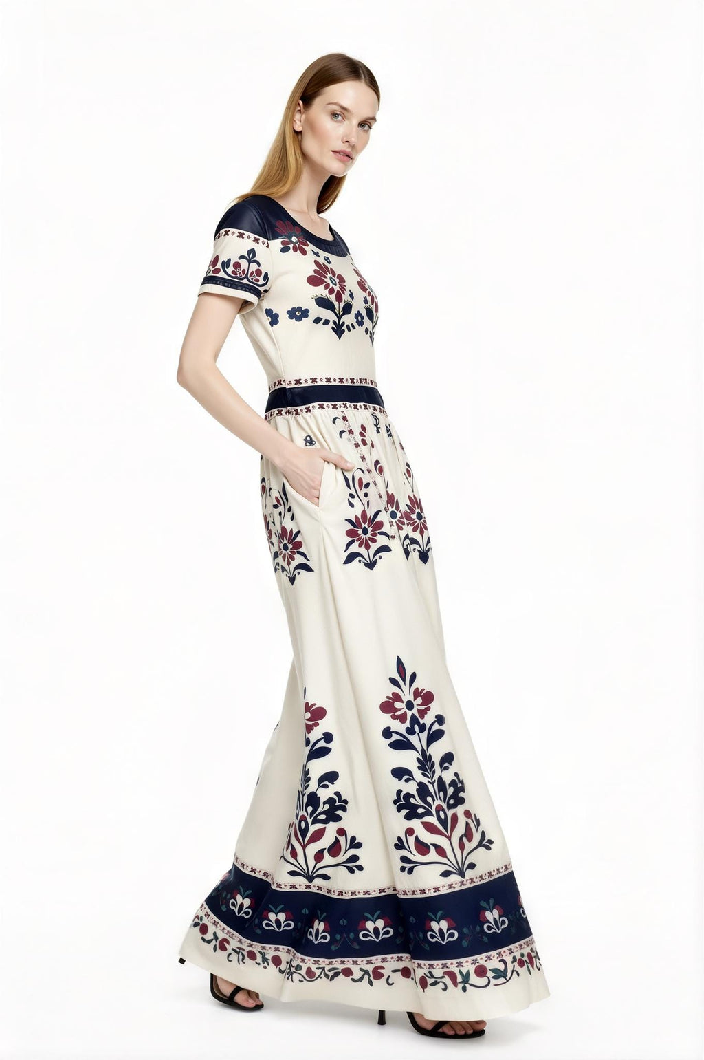 Ivory Floral Maxi Dress with Short Sleeves and Side Pockets A-Line Silhouette __etsy:7716331264