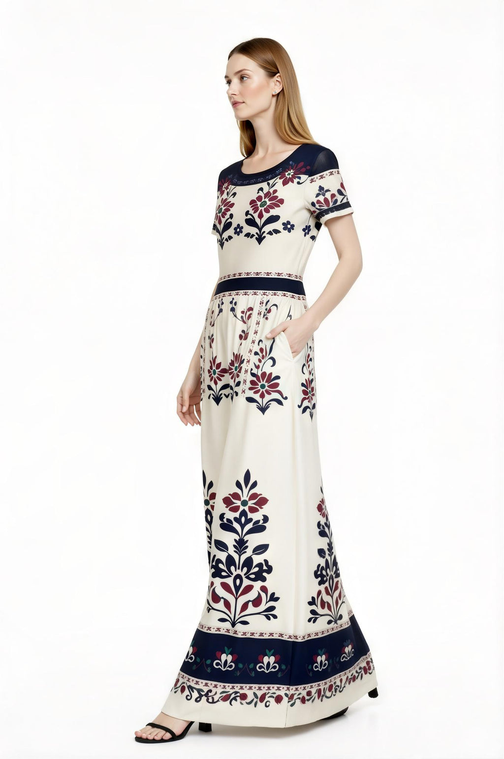 Ivory Floral Maxi Dress with Short Sleeves and Side Pockets A-Line Silhouette __etsy:7716331268