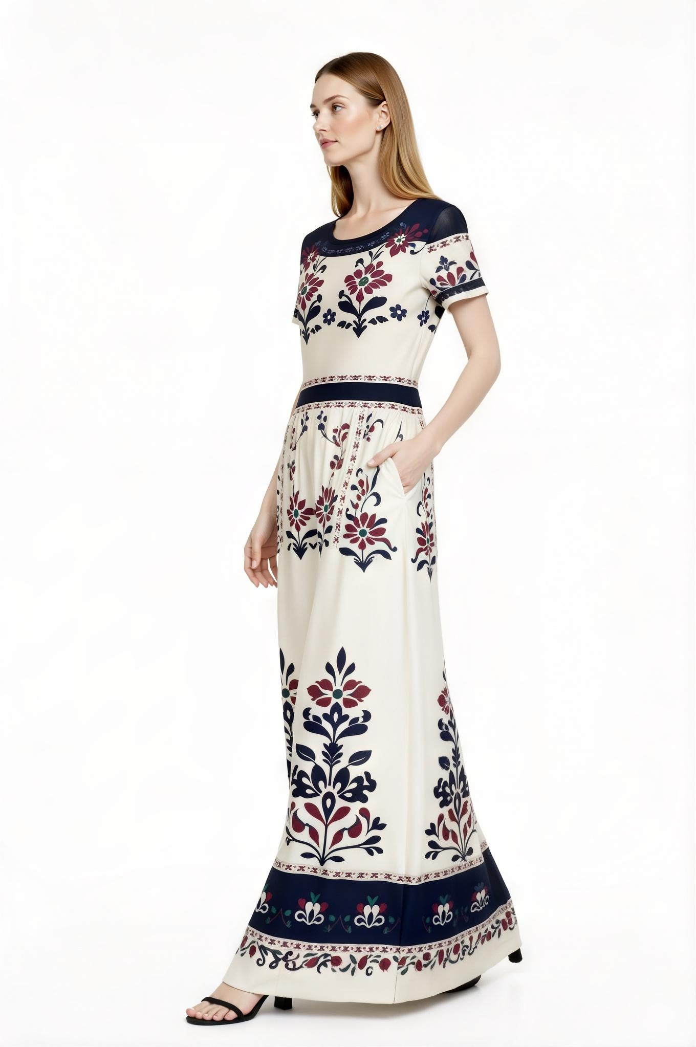 Ivory Floral Maxi Dress with Short Sleeves and Side Pockets A-Line Silhouette __etsy:7716331268