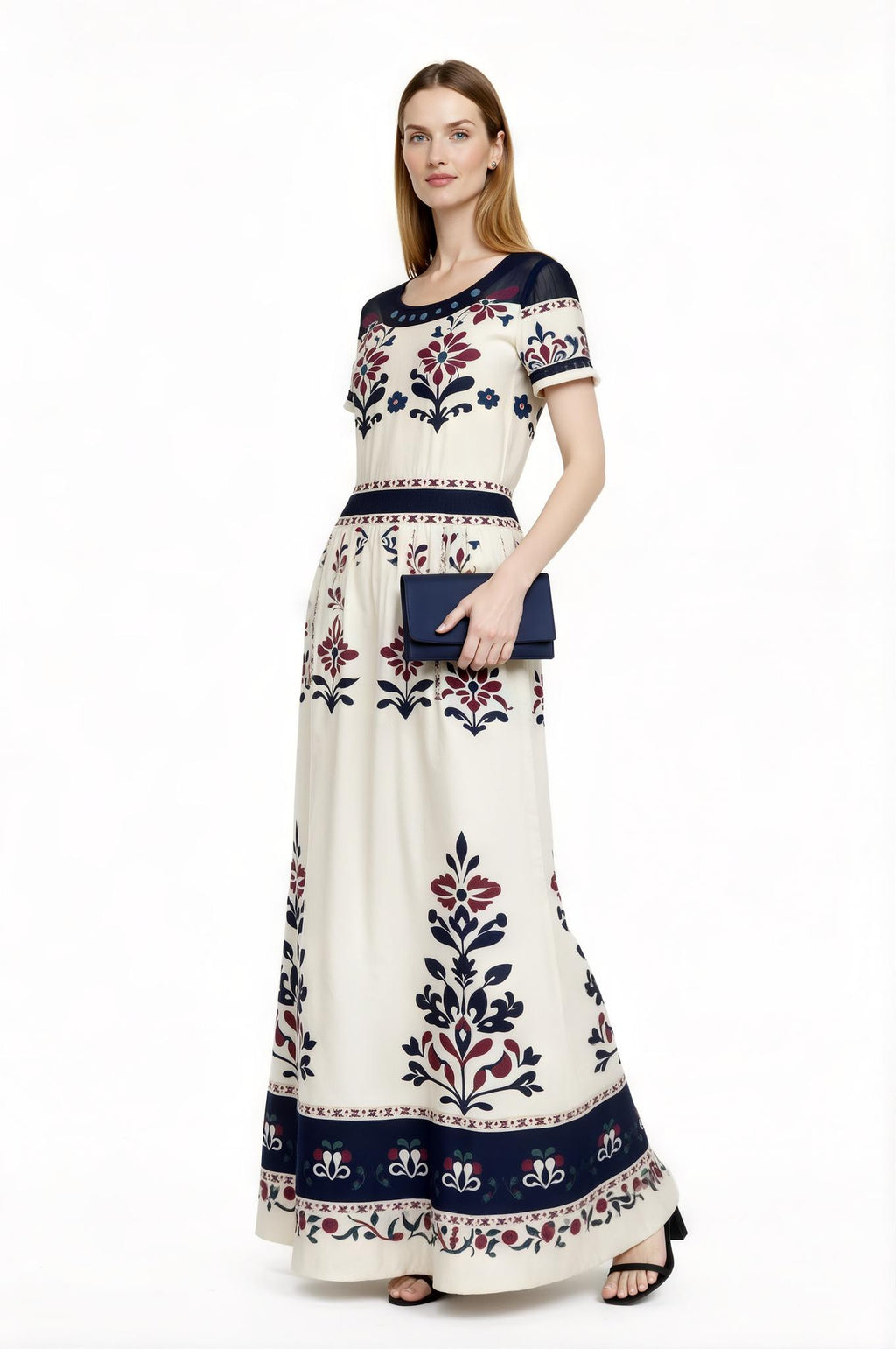 Ivory Floral Maxi Dress with Short Sleeves and Side Pockets A-Line Silhouette __etsy:7716331272