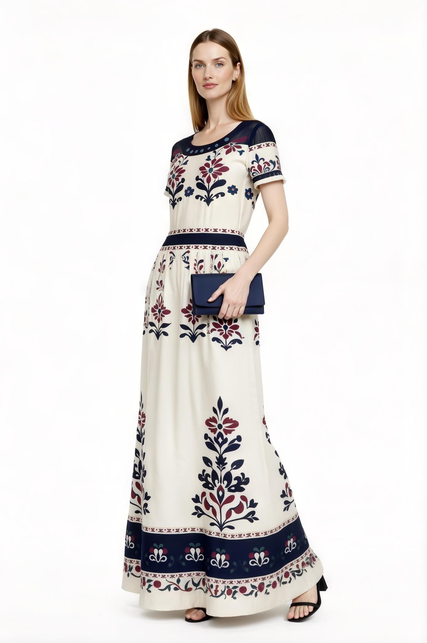 Ivory Floral Maxi Dress with Short Sleeves and Side Pockets A-Line Silhouette __etsy:7716331272