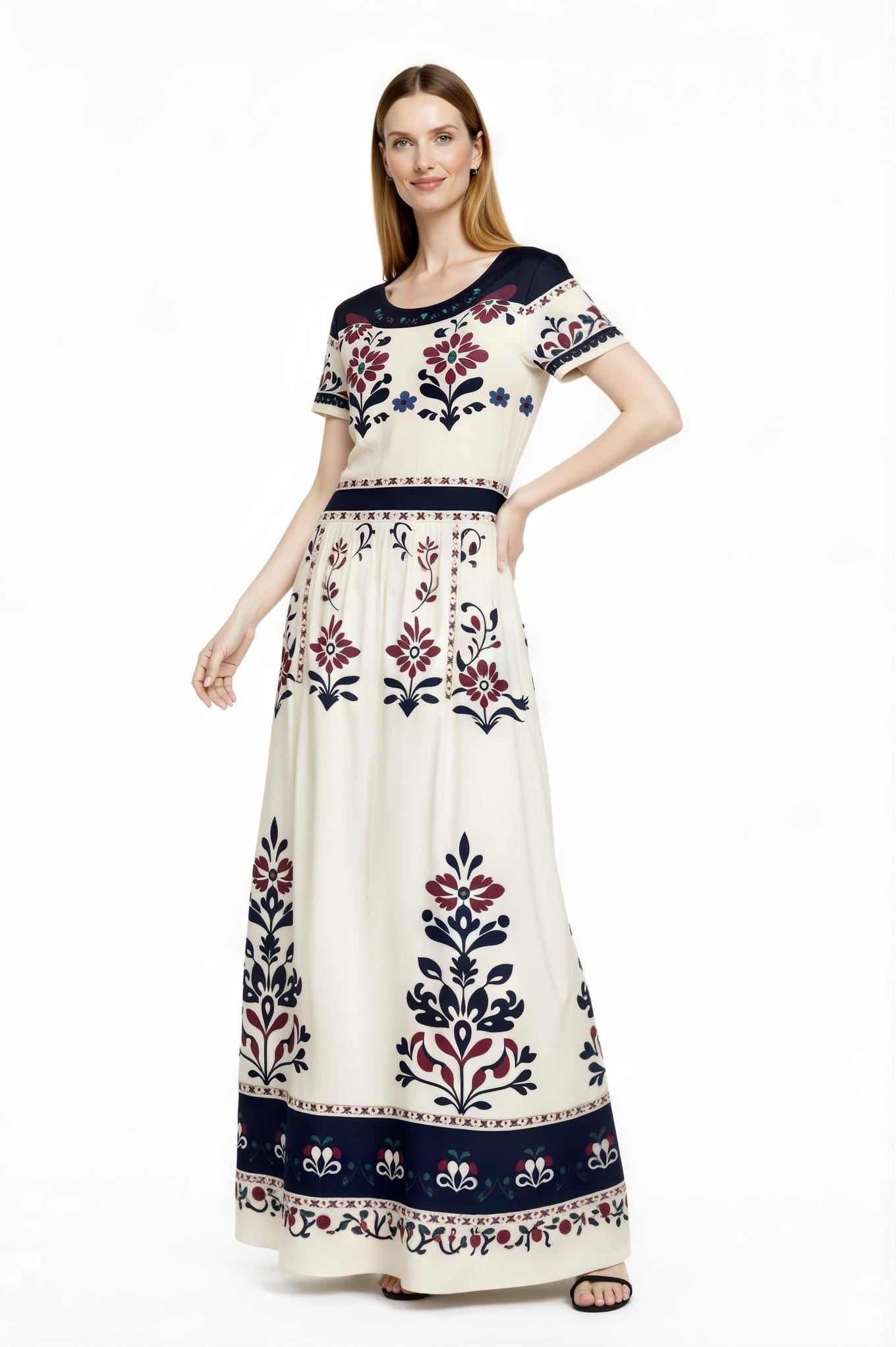 Ivory Floral Maxi Dress with Short Sleeves and Side Pockets A-Line Silhouette __etsy:7716331276