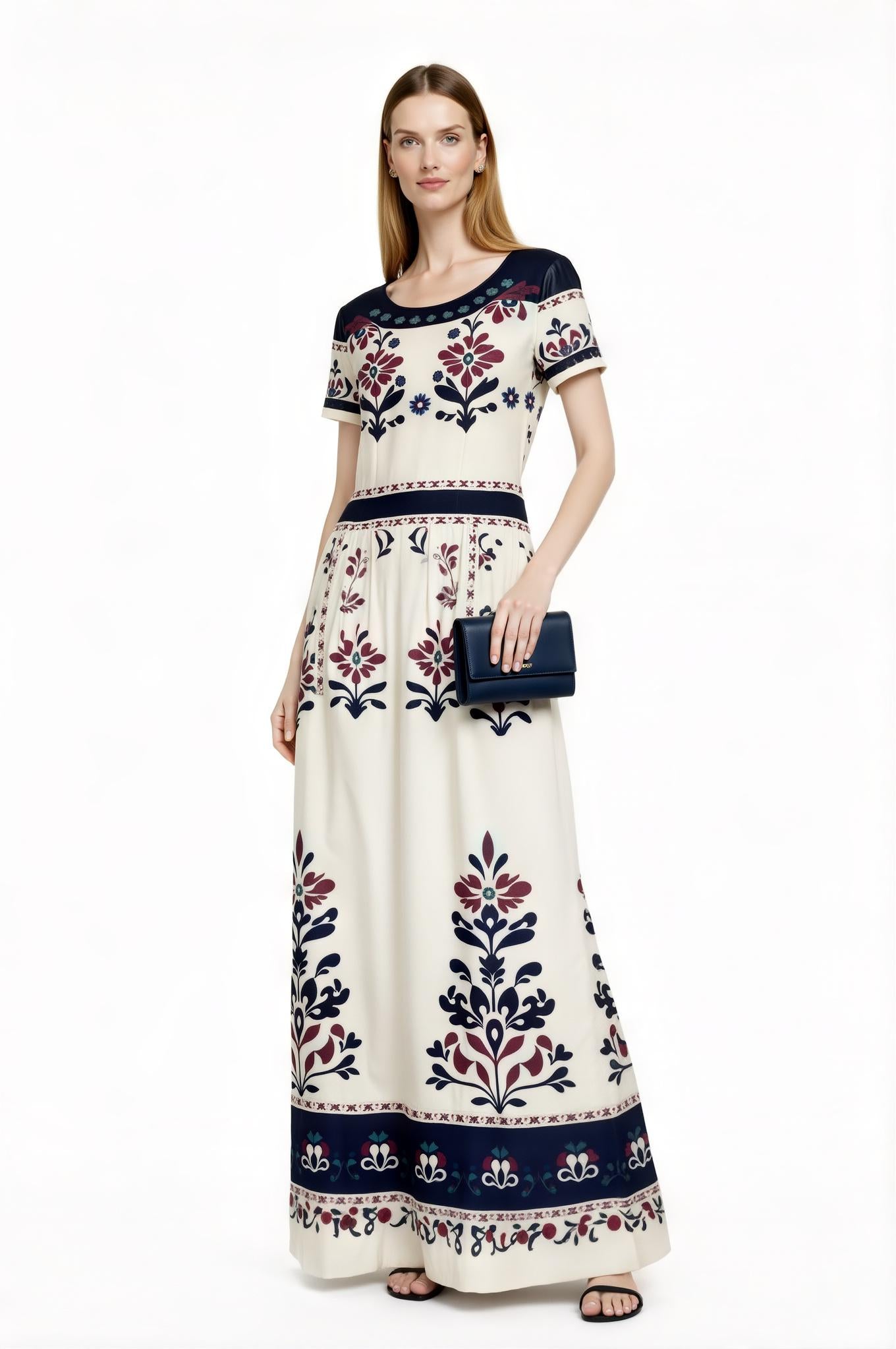 Ivory Floral Maxi Dress with Short Sleeves and Side Pockets A-Line Silhouette __etsy:7716331292