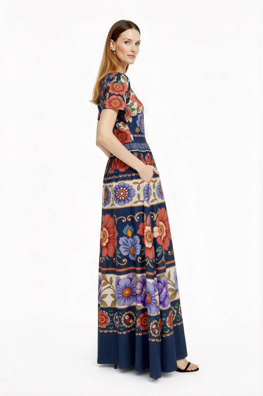 Navy Floral Maxi Dress with Short Sleeves and Side Pockets A-Line Silhouette __etsy:7716472854