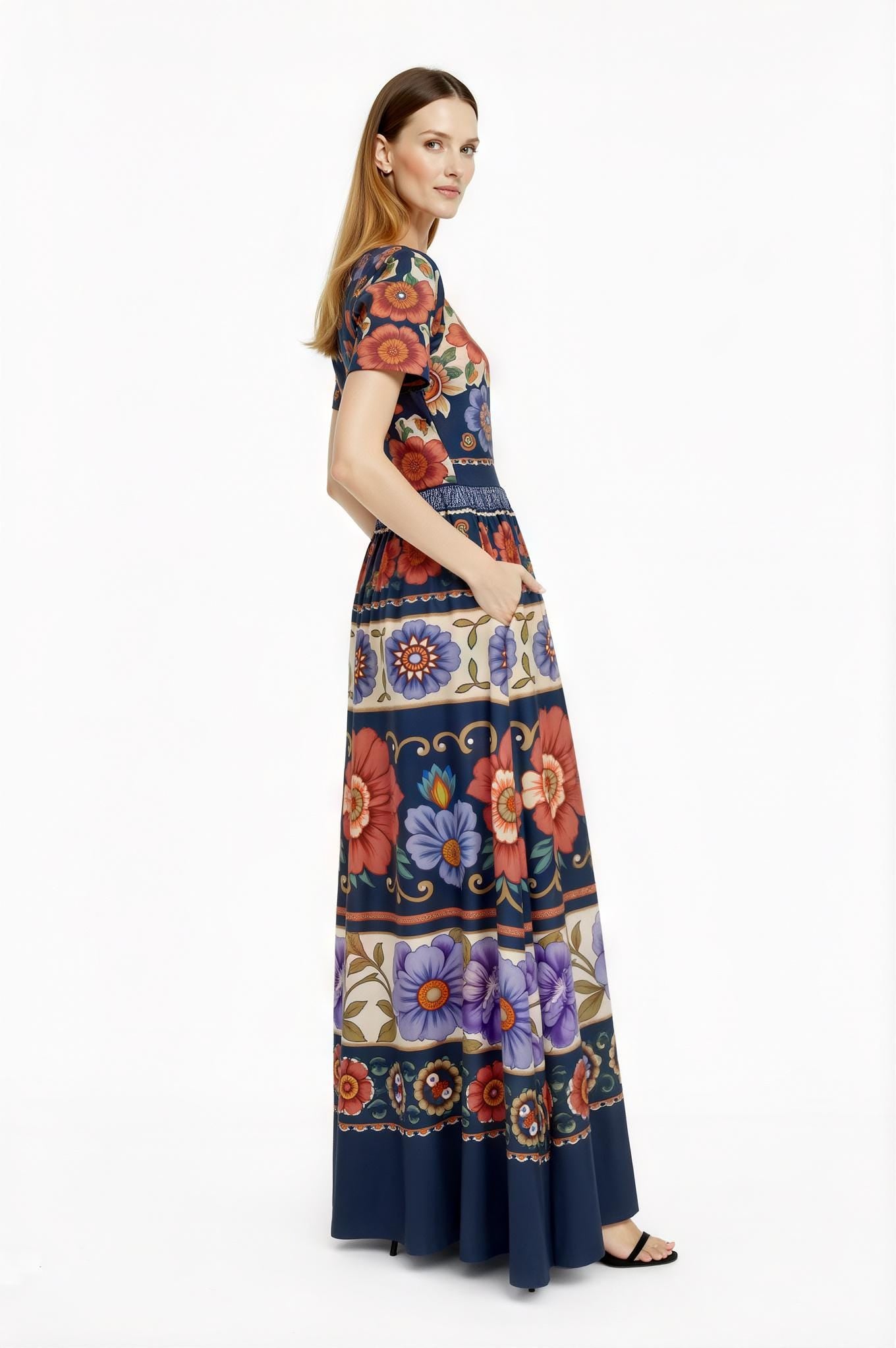 Navy Floral Maxi Dress with Short Sleeves and Side Pockets A-Line Silhouette __etsy:7716472854