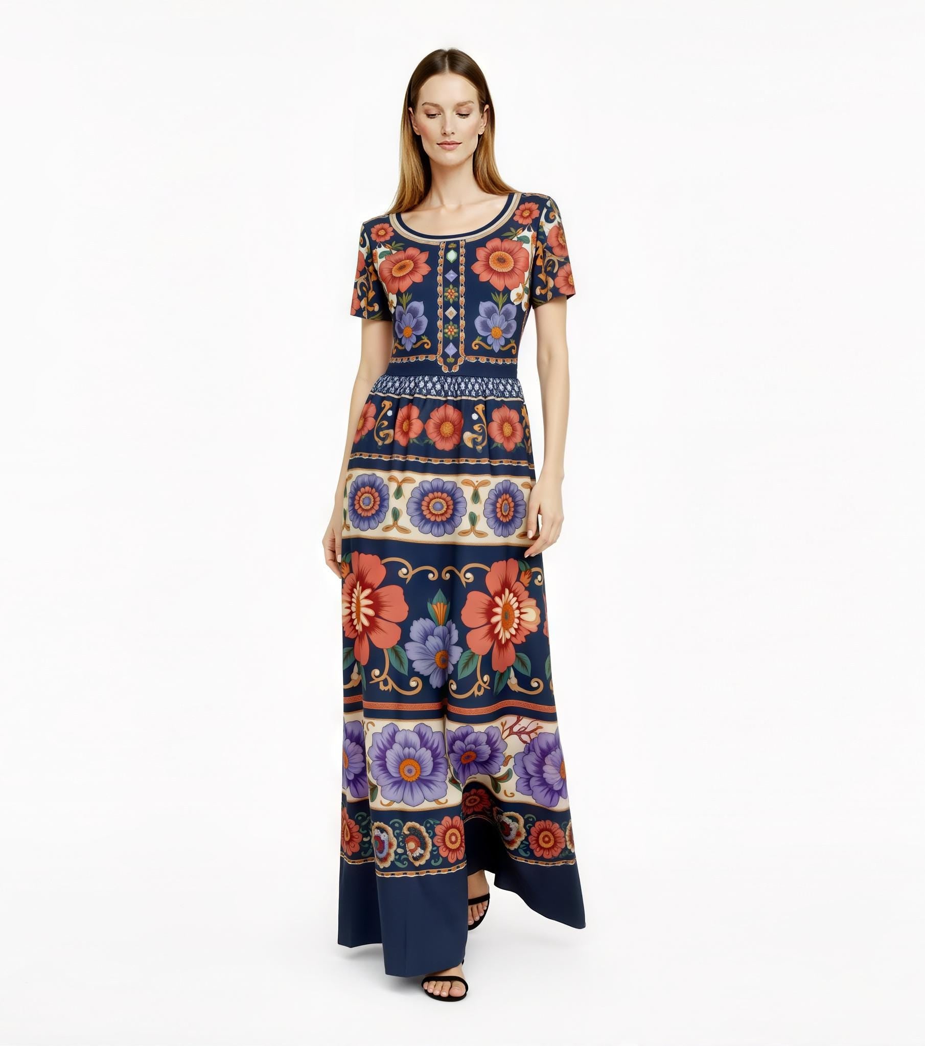 Navy Floral Maxi Dress with Short Sleeves and Side Pockets A-Line Silhouette __etsy:7716487676