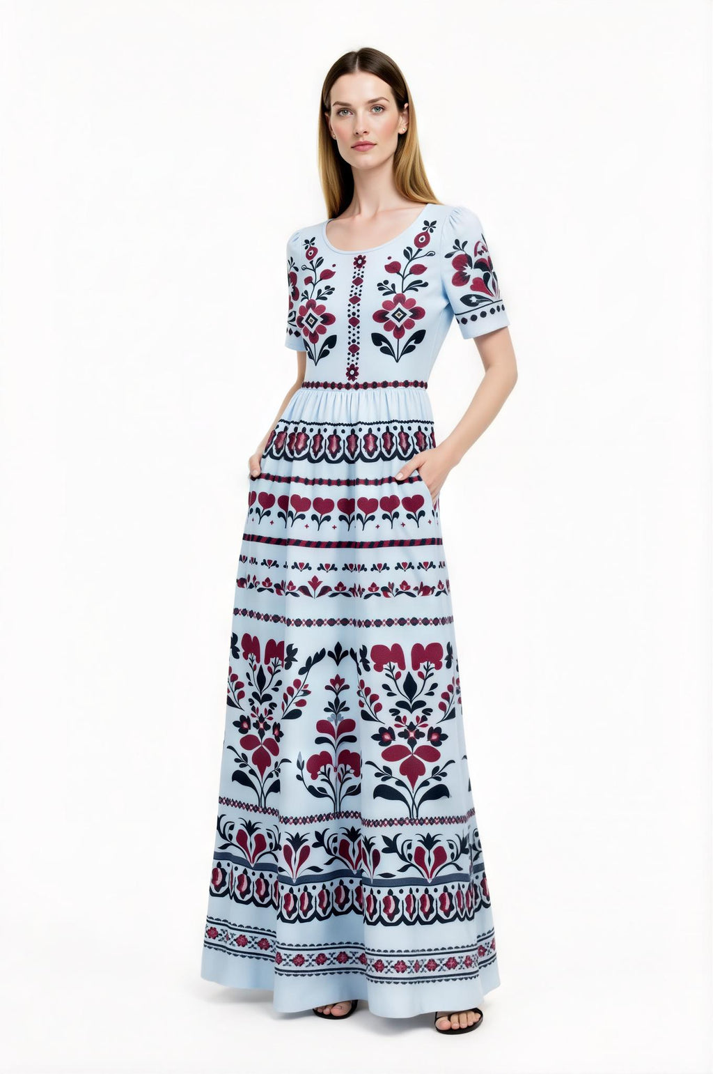 Light Blue Floral Maxi Dress with Short Sleeves and Side Pockets A-Line Silhouette __etsy:7718896458