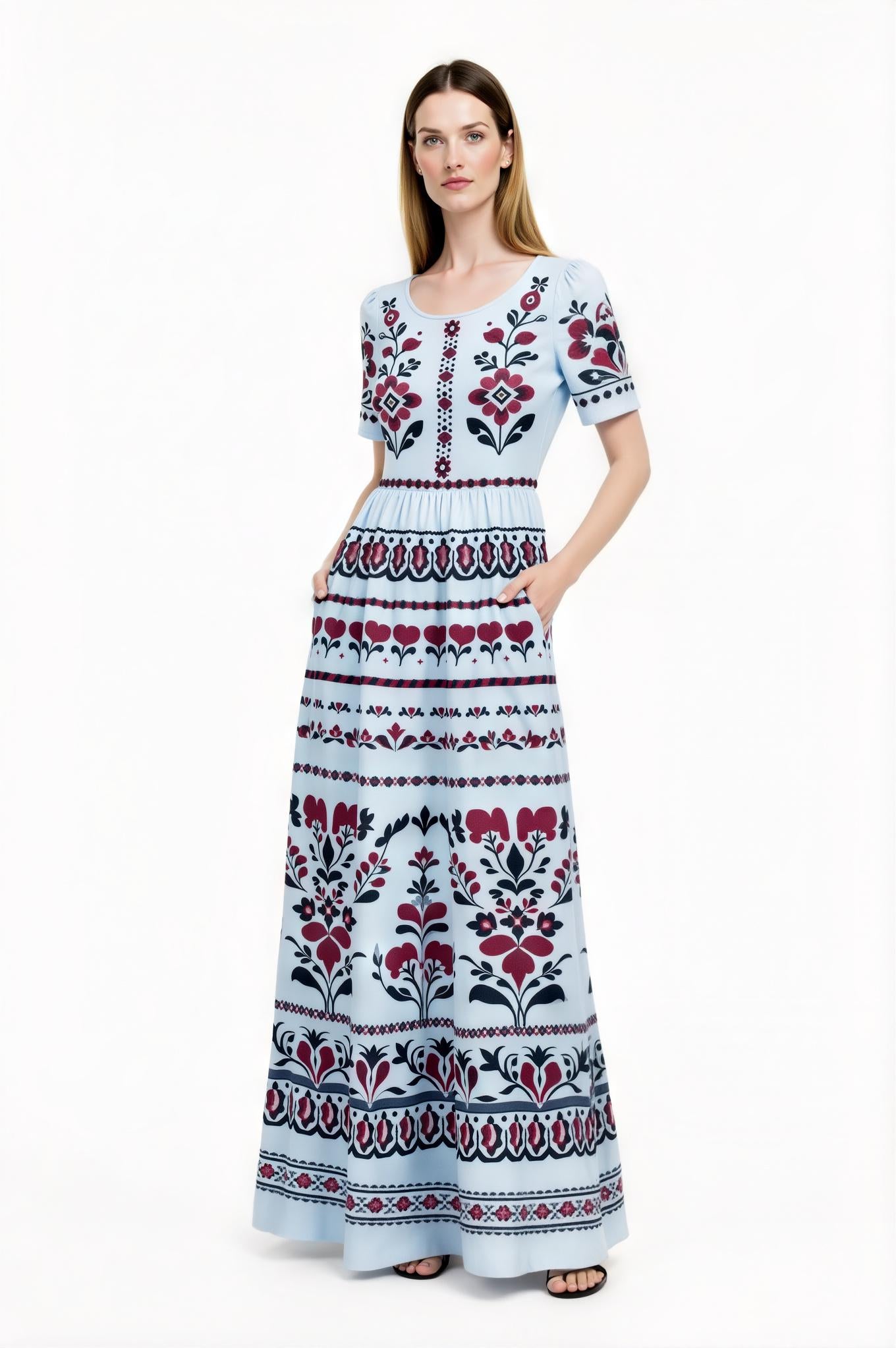 Light Blue Floral Maxi Dress with Short Sleeves and Side Pockets A-Line Silhouette __etsy:7718896458