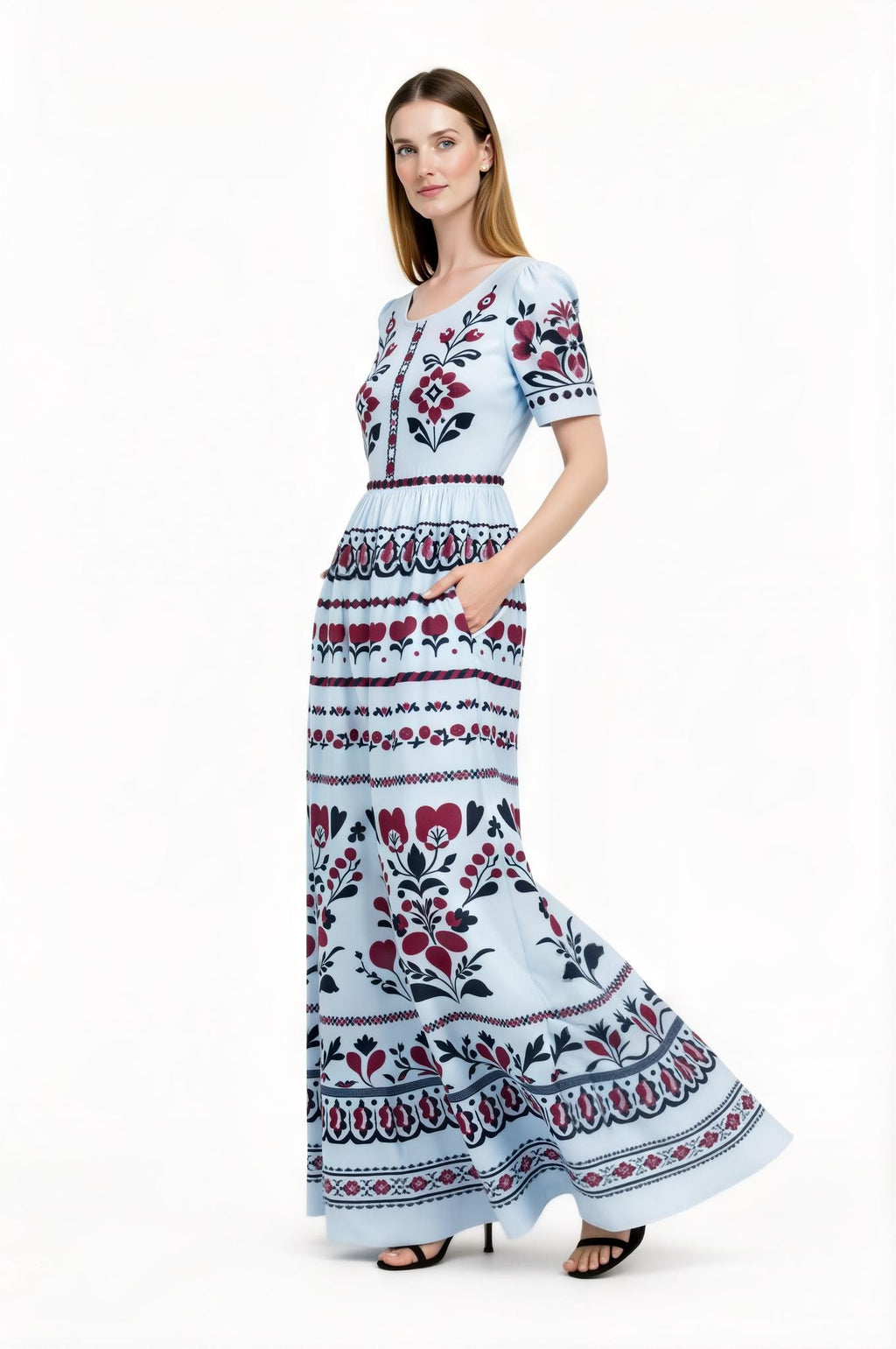 Light Blue Floral Maxi Dress with Short Sleeves and Side Pockets A-Line Silhouette __etsy:7718896462