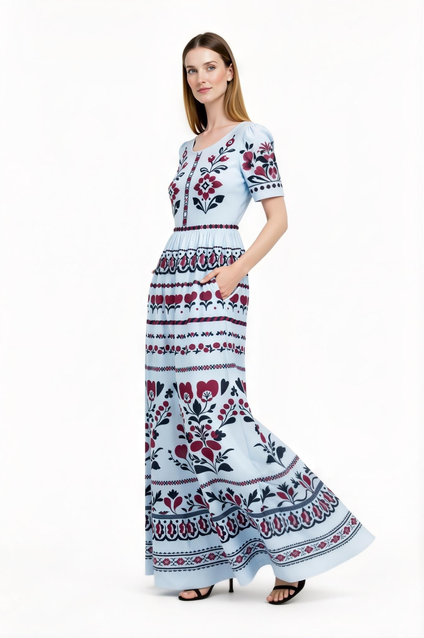 Light Blue Floral Maxi Dress with Short Sleeves and Side Pockets A-Line Silhouette __etsy:7718896462