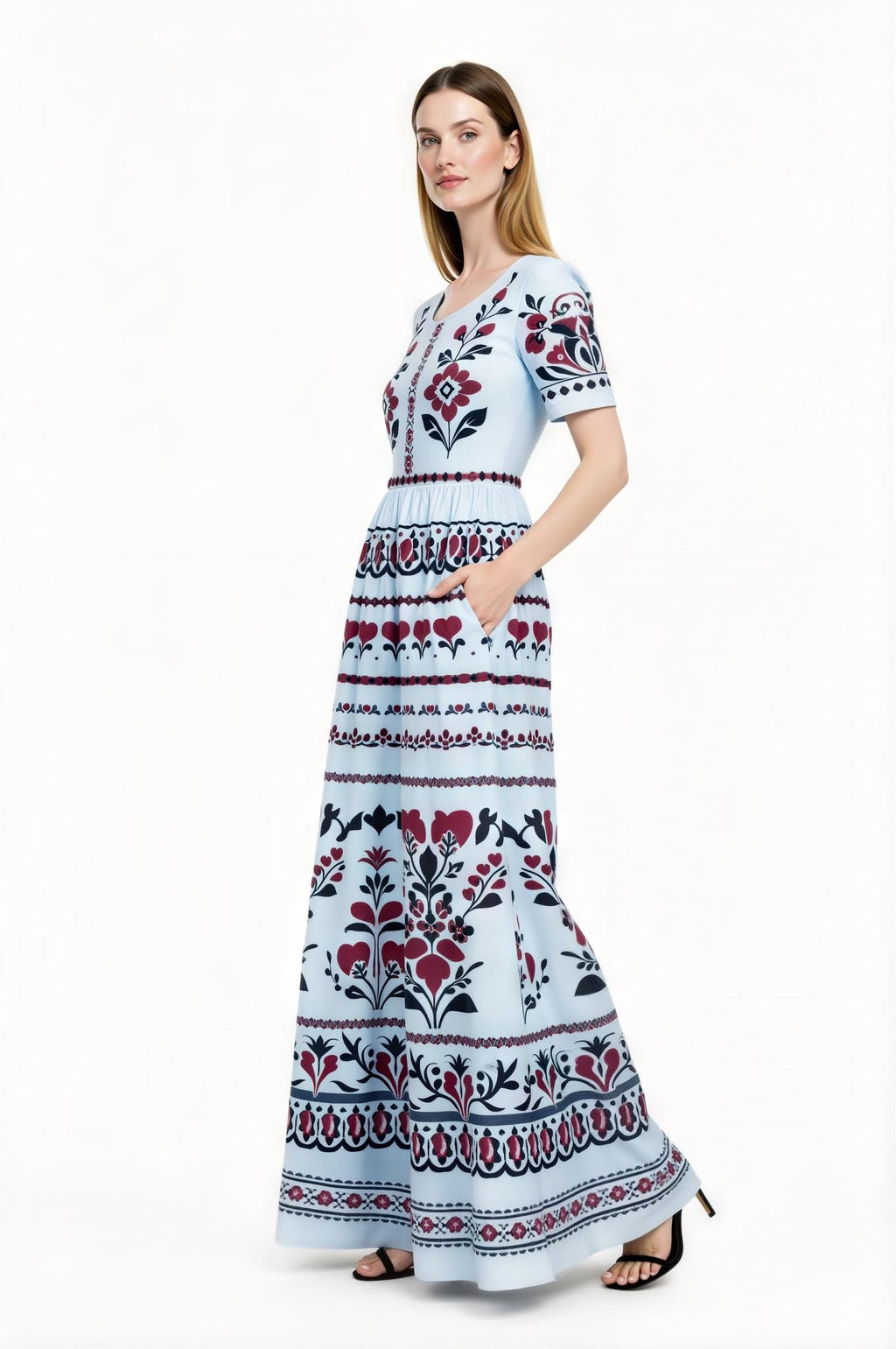 Light Blue Floral Maxi Dress with Short Sleeves and Side Pockets A-Line Silhouette __etsy:7718896464