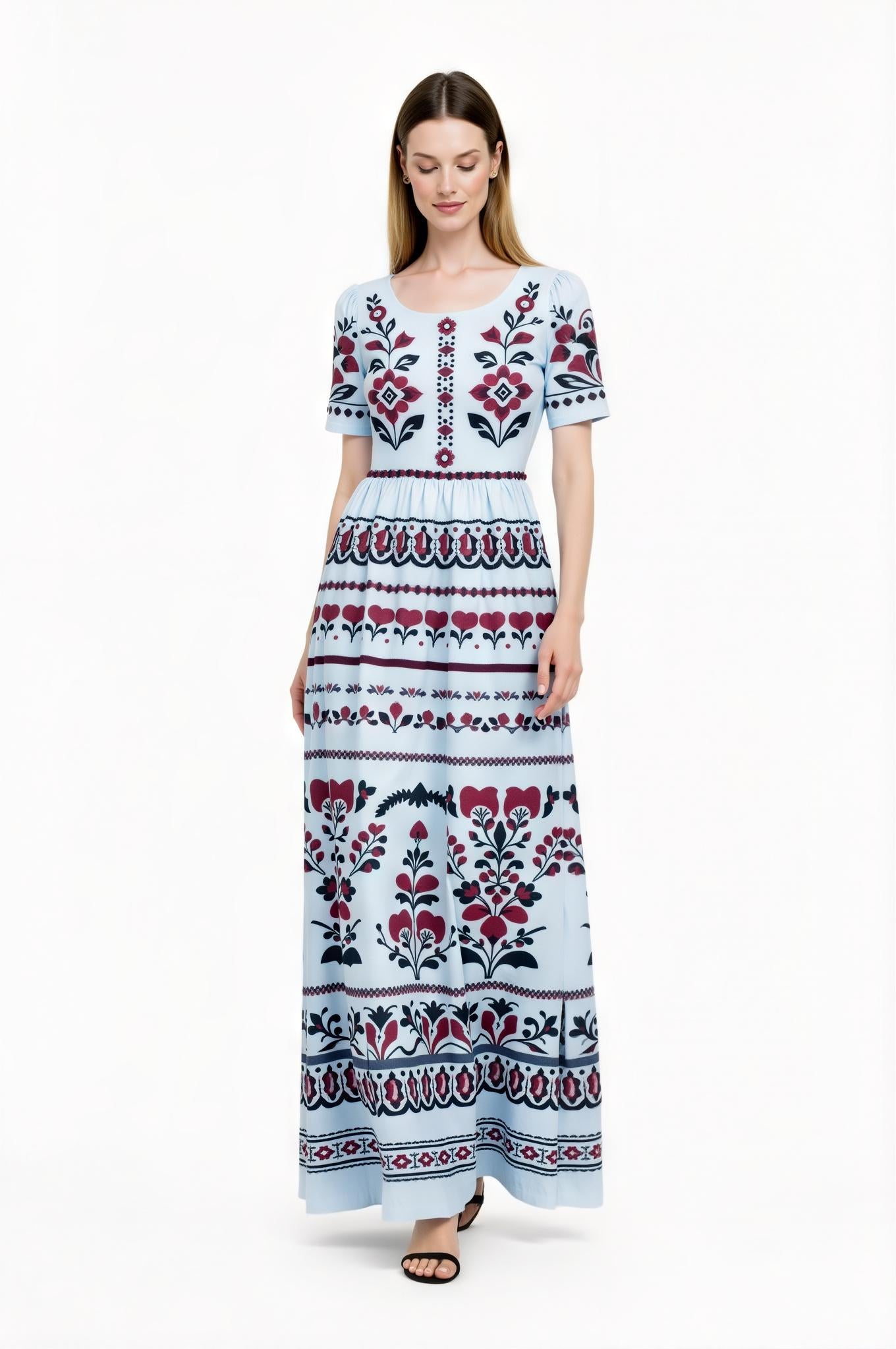 Light Blue Floral Maxi Dress with Short Sleeves and Side Pockets A-Line Silhouette __etsy:7718896470