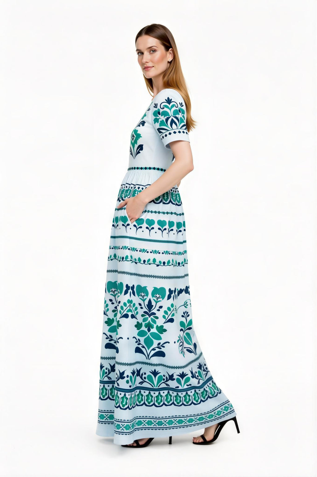 Light Blue Floral Maxi Dress with Short Sleeves and Side Pockets A-Line Silhouette __etsy:7718896472