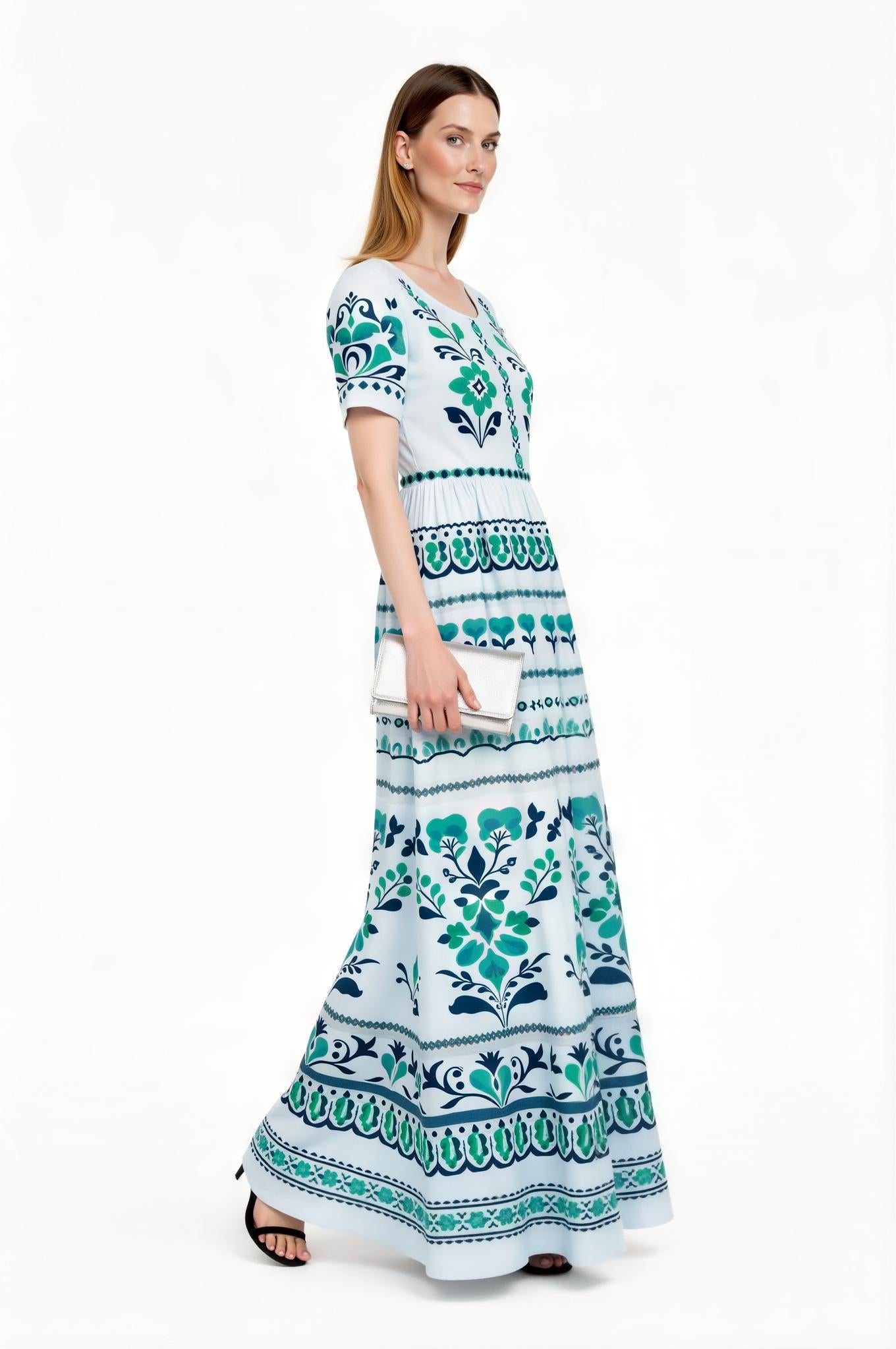 Light Blue Floral Maxi Dress with Short Sleeves and Side Pockets A-Line Silhouette __etsy:7718896530