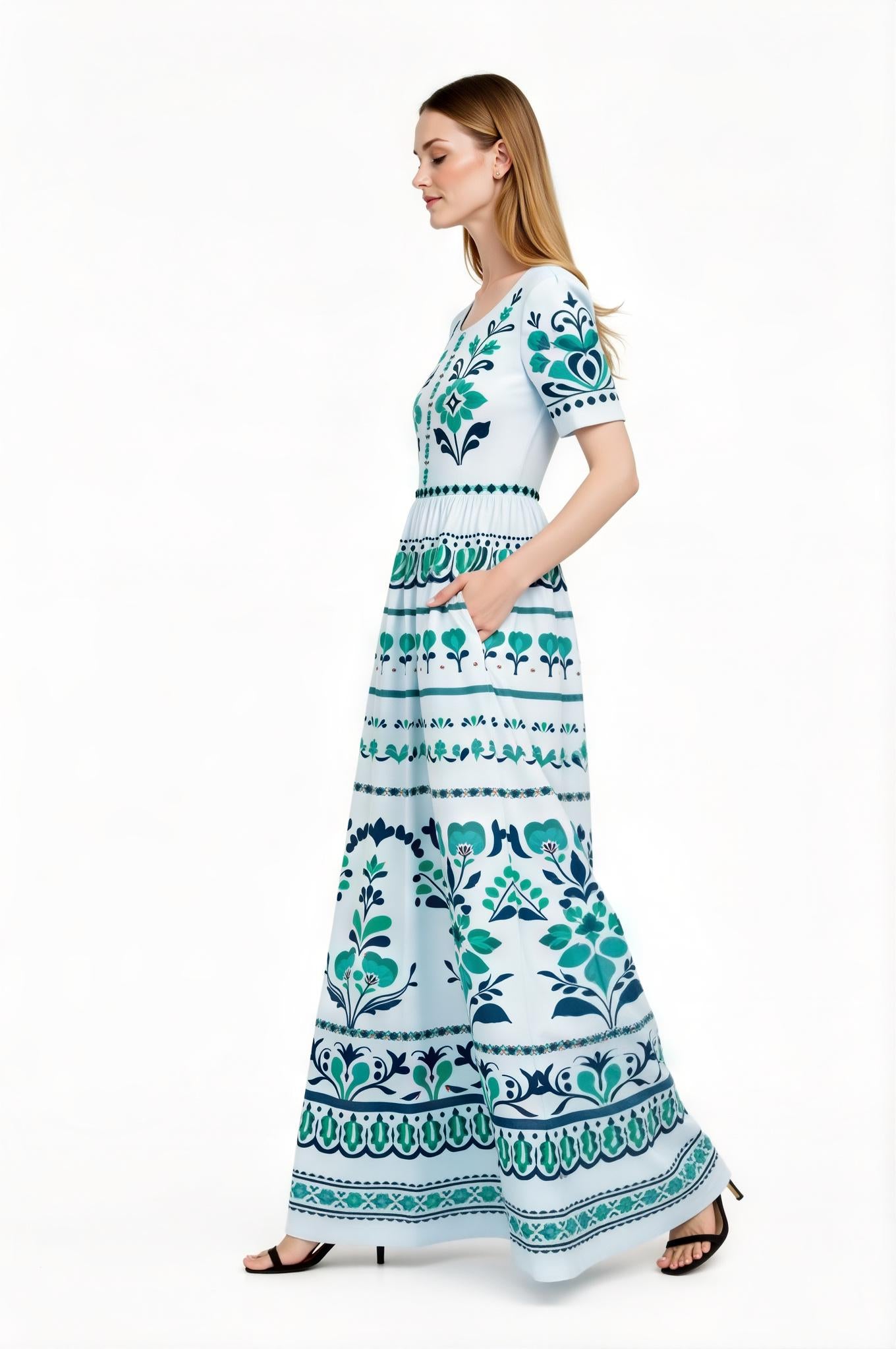 Light Blue Floral Maxi Dress with Short Sleeves and Side Pockets A-Line Silhouette __etsy:7718896536