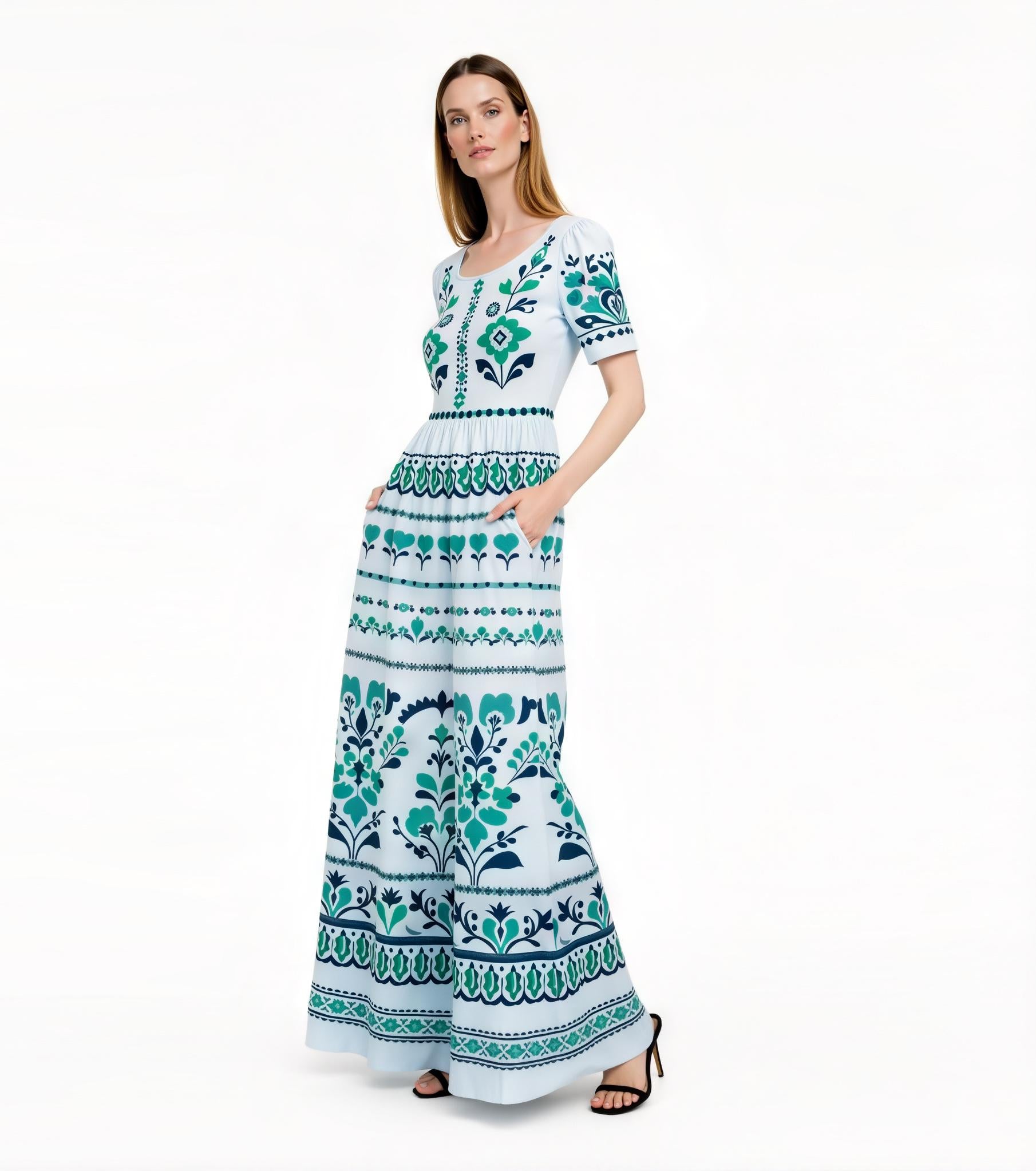 Light Blue Floral Maxi Dress with Short Sleeves and Side Pockets A-Line Silhouette __etsy:7718904518