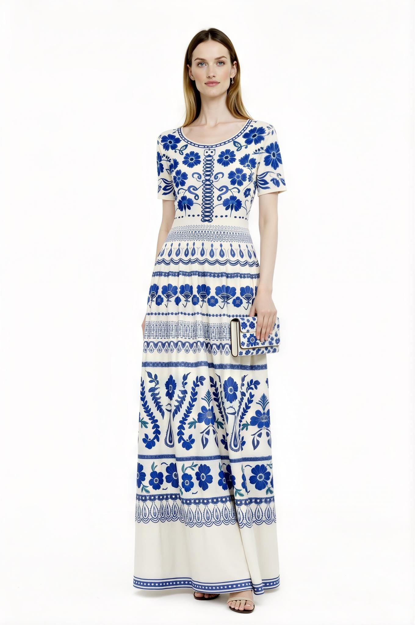 Blue Floral Maxi Dress, Ivory A-Line Summer Dress with Pockets __etsy:7718950360