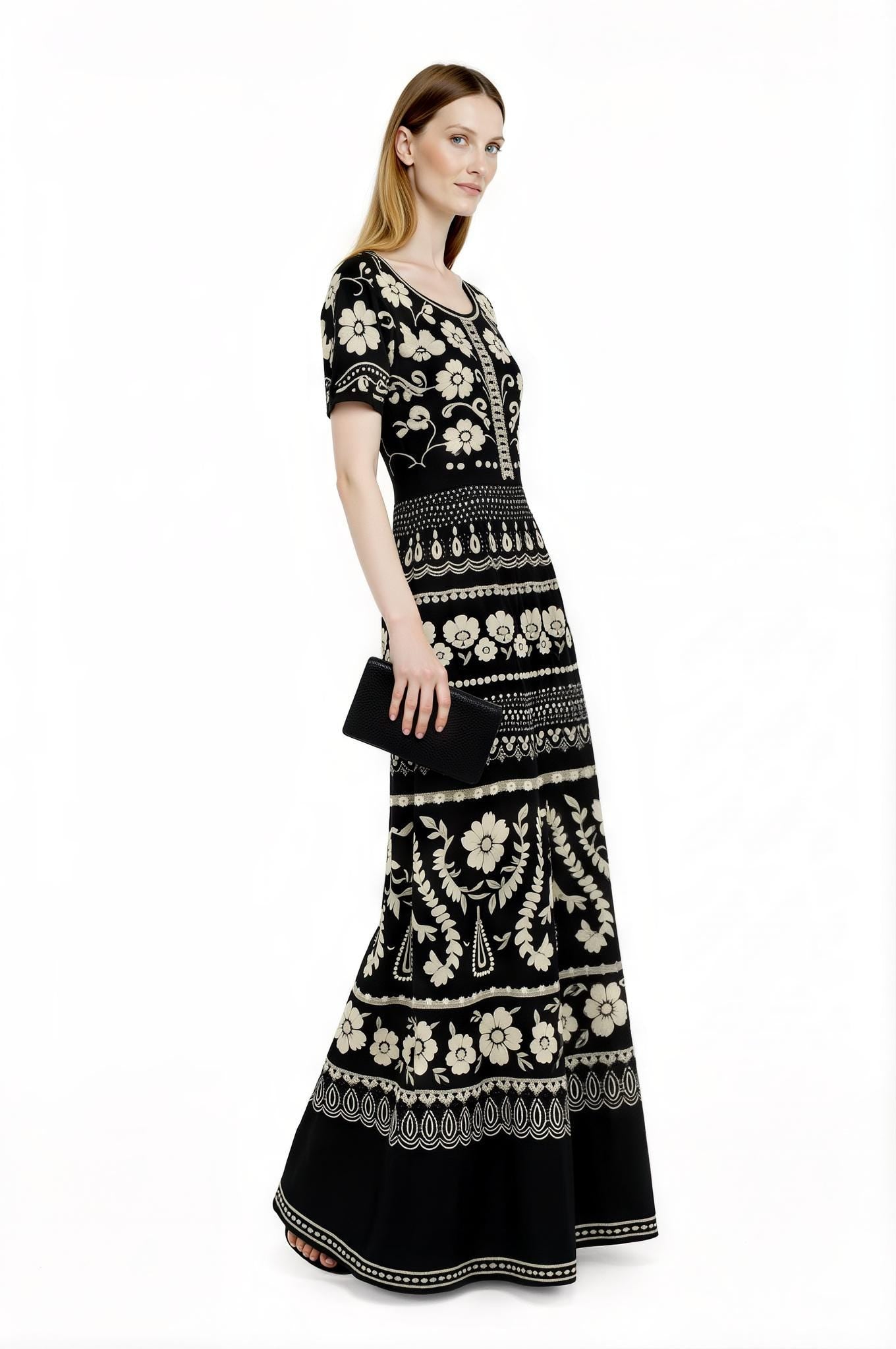 Blue Floral Maxi Dress, Ivory A-Line Summer Dress with Pockets __etsy:7718950362