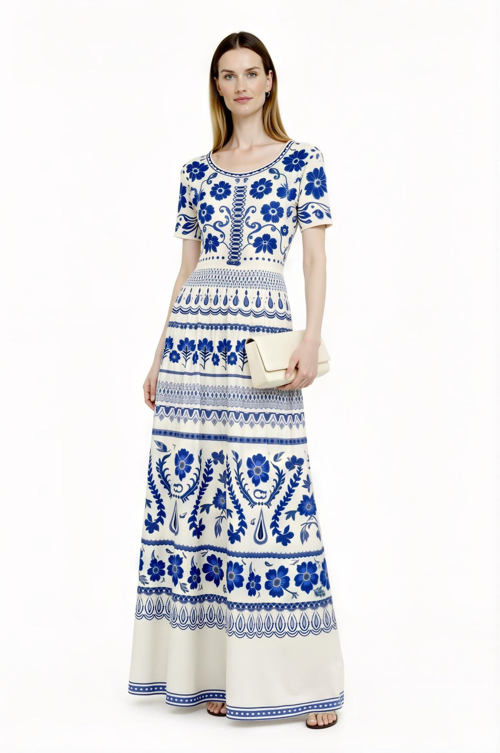 Blue Floral Maxi Dress, Ivory A-Line Summer Dress with Pockets __etsy:7718950368
