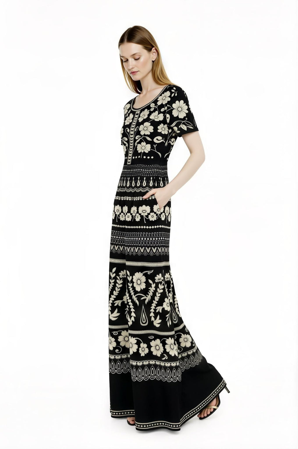 Blue Floral Maxi Dress, Ivory A-Line Summer Dress with Pockets __etsy:7718950408