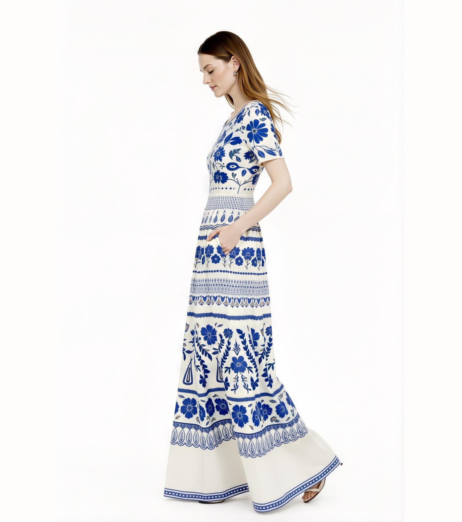 Blue Floral Maxi Dress, Ivory A-Line Summer Dress with Pockets __etsy:7718954974