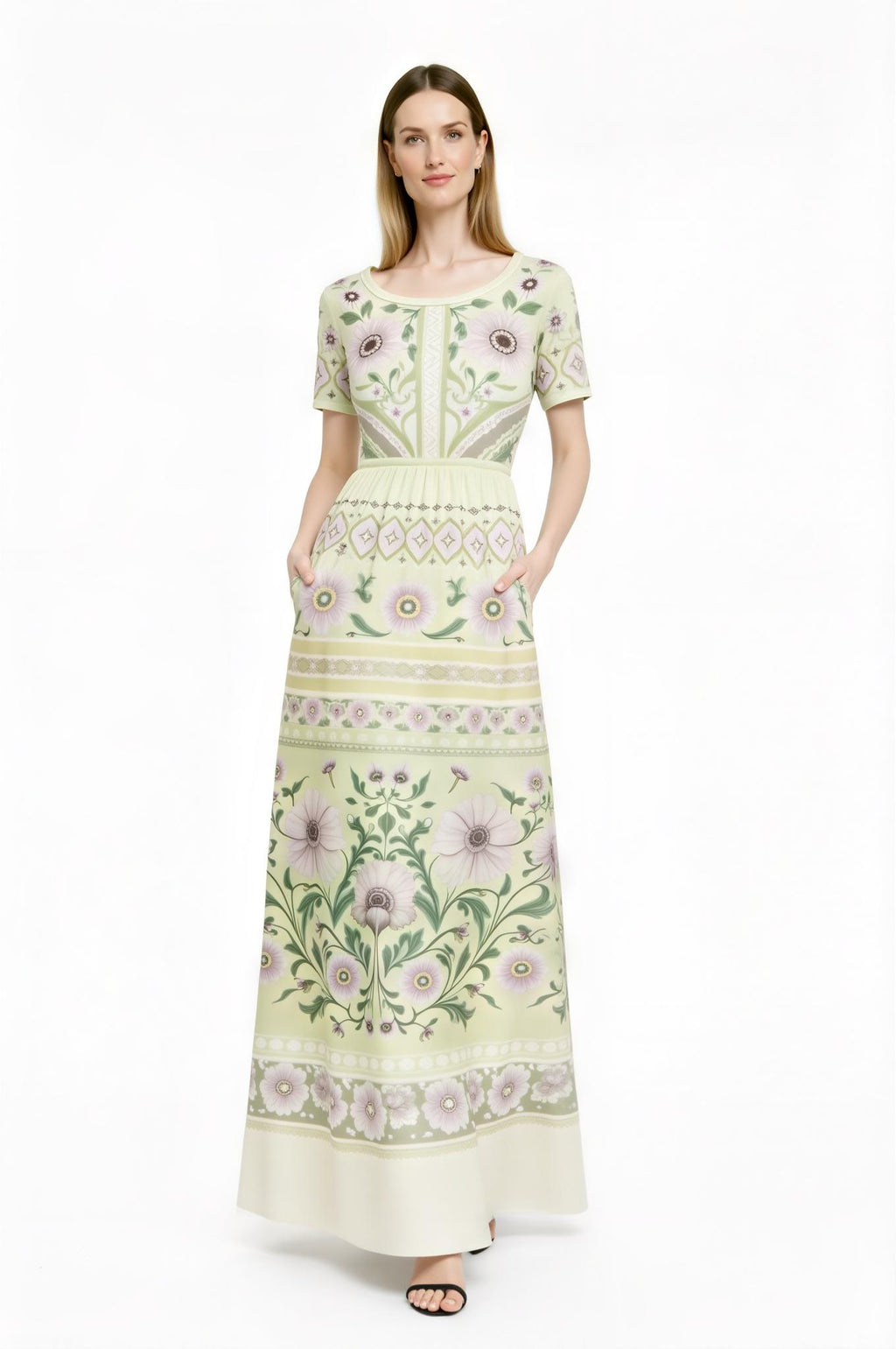 Ivory Floral Maxi Dress with Short Sleeves and Border Print A-Line Silhouette __etsy:7719124770